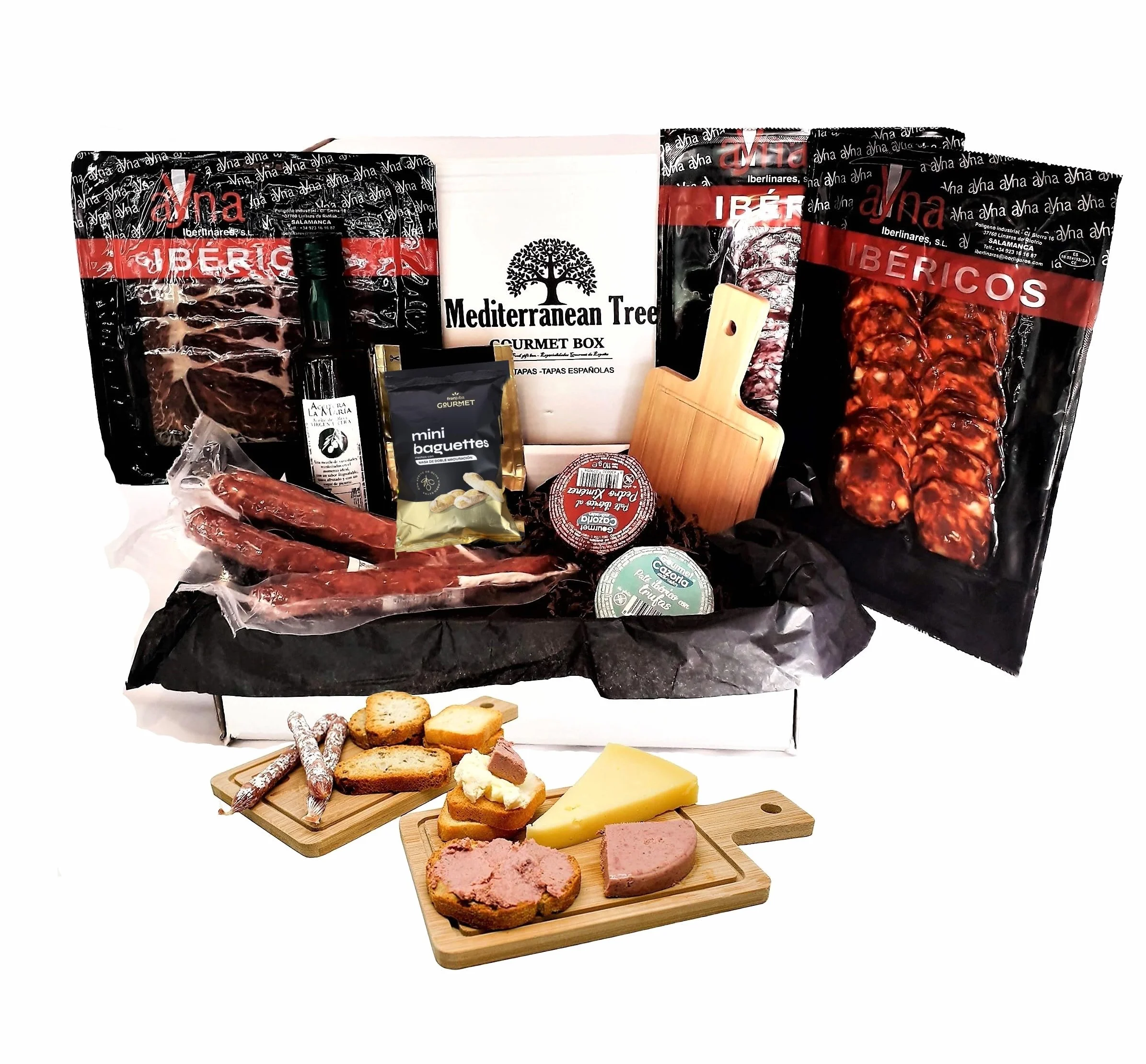 Caja Cesta Gourmet Regalo - Lote embutidos Ibericos salchichón chorizo y jamon + Pate Iberico de Trufa y Pedro Ximenez + 3 piezas Fuets +Aceite Oliva Virgen Extra + Picos Artesanos