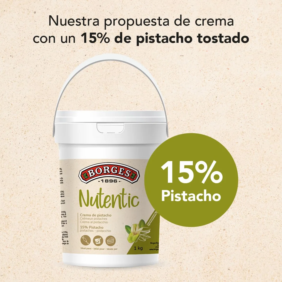 Borges Professional - Crema de Pistacho Nutentic 15% 1kg Sin Gluten, Sin Lactosa, Vegana, Baja en Azúcares, Sin Aceites Tropicales para Repostería
