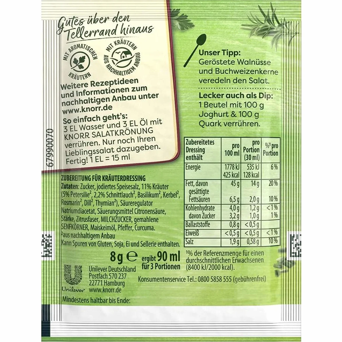 Honig-Senf Salat-Krönung - Dressing Mix Alemania sabor mostaza y miel - Ensalada lista en un instante - 5 sobres - Compatible con Knorr - 45g