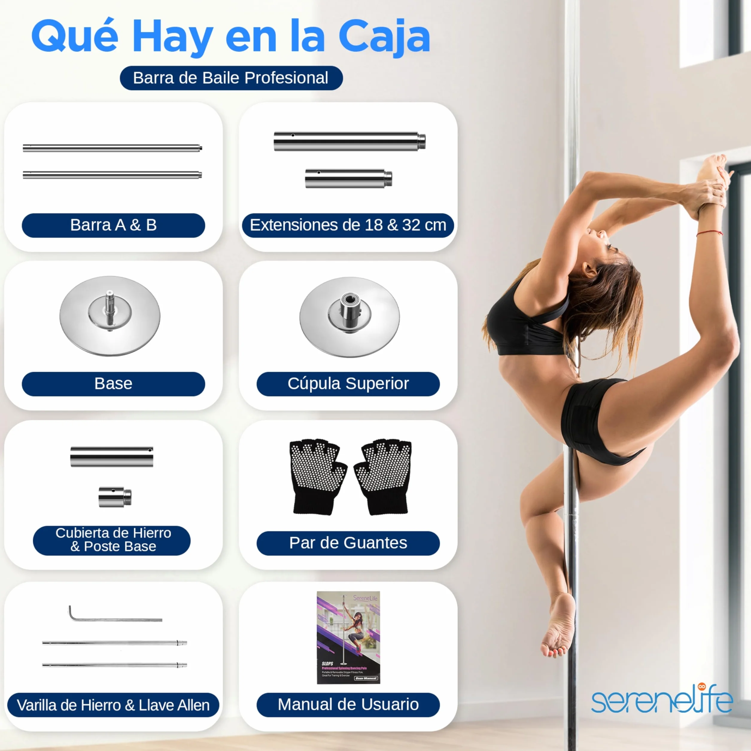 SereneLife barra pole dance plegable 1.21mts x 2 para bailarinas principiantes gimnasia fitness