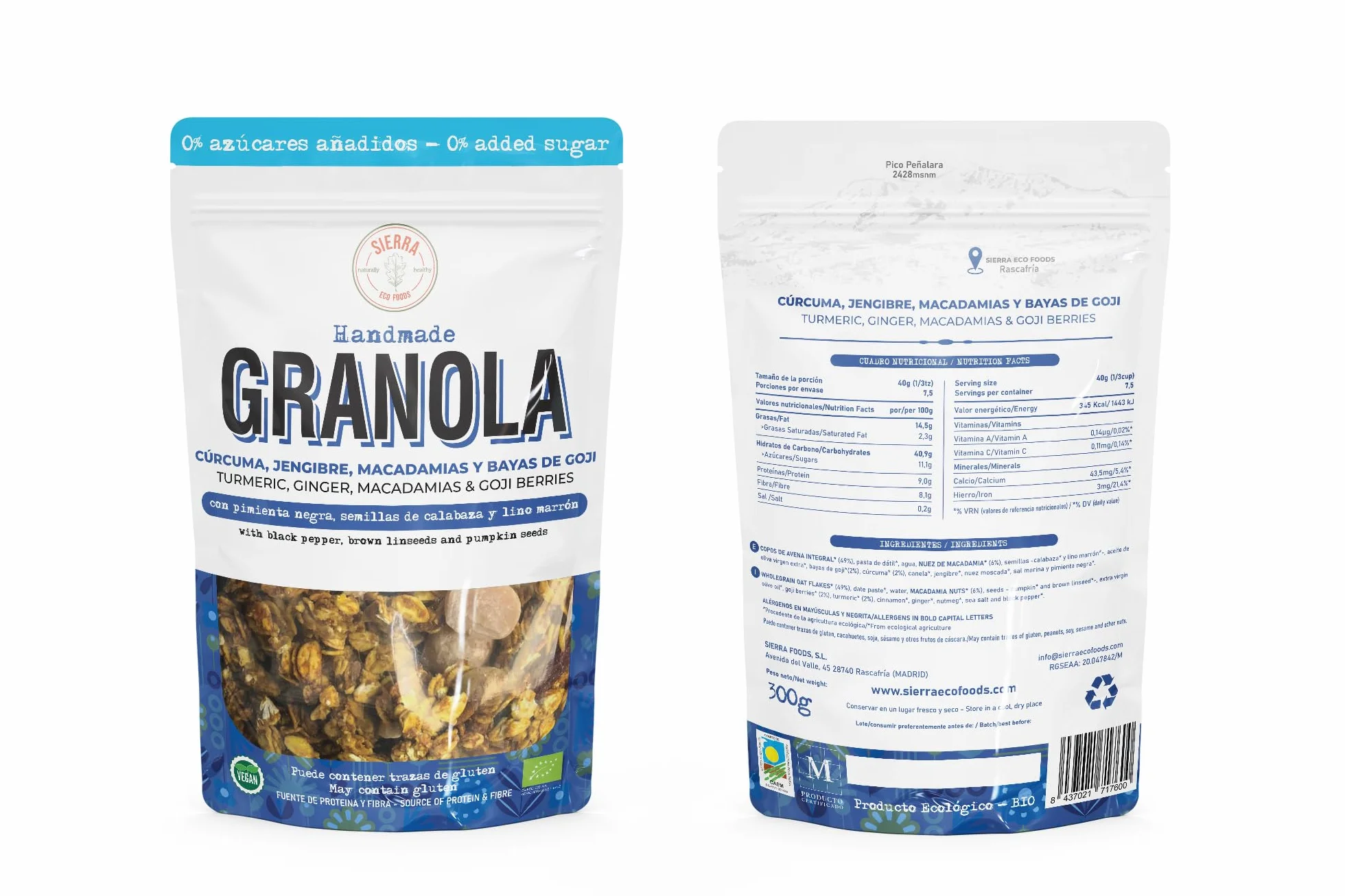 Granola Ecológica y Artesana, 0% Azucares Añadidos, Cúrcuma, Pimienta Negra, Jengibre, Macadamias y Bayas de Goji, Pasta de Dátiles, Semillas de Calabaza y Lino Marrón (Pack: 3 bolsas x 300g)