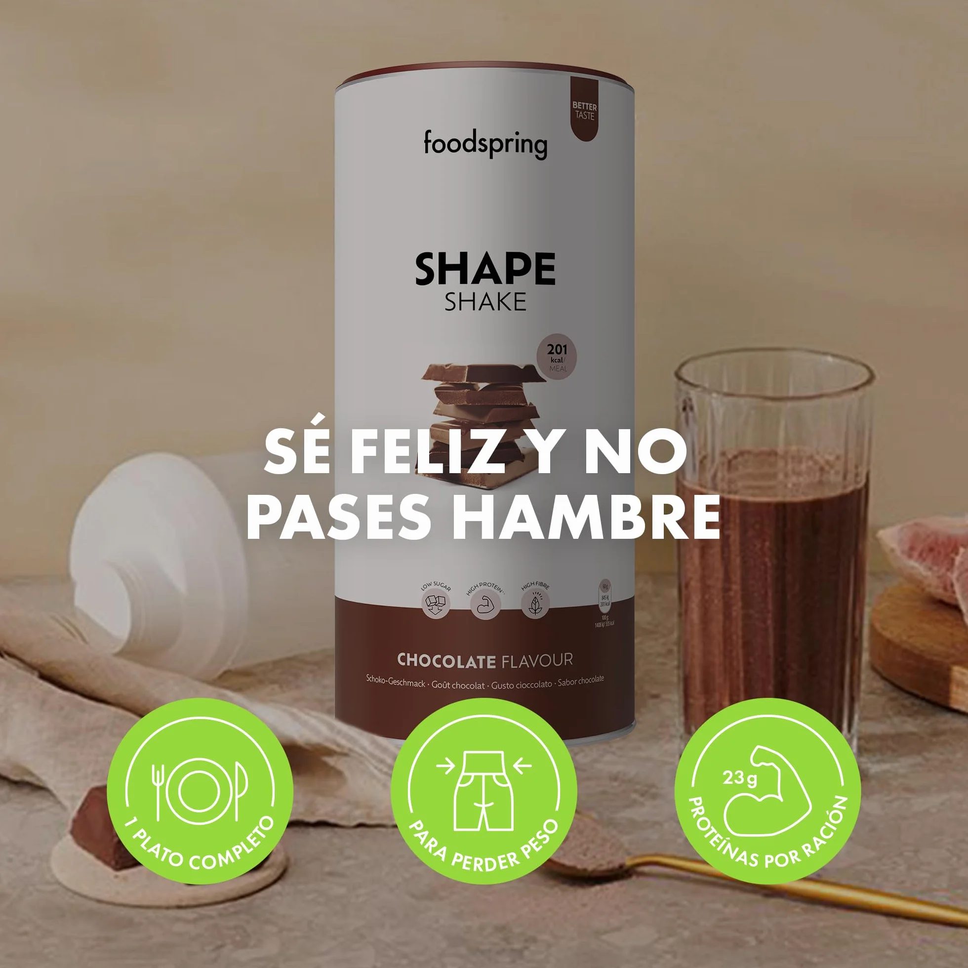 foodspring Shape Shake Chocolate - batido completo, sustitutivo de comida con proteína premium para controlar el peso, 201 kcal por ración, sin gluten - 900g
