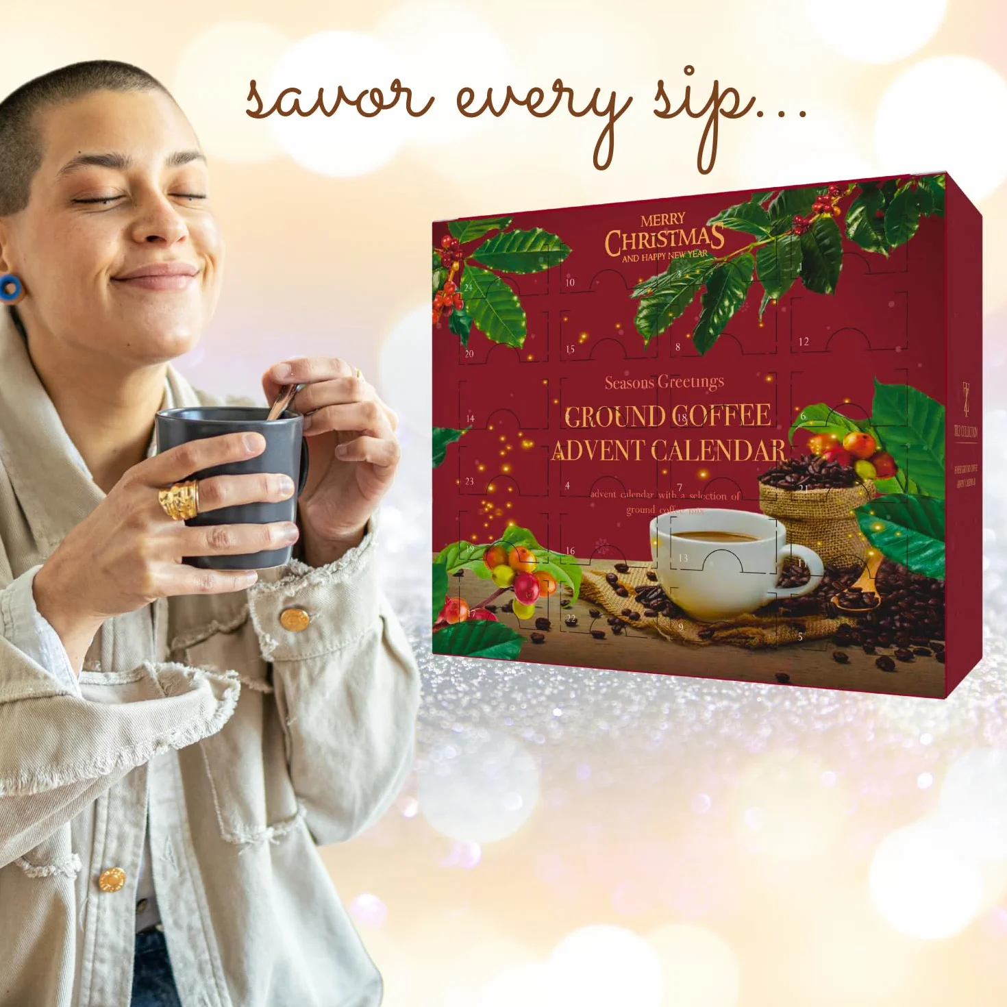 Calendario de Adviento del Café 2023 Navidad | Set de café molido - Regalos de 24 sabores para hombres y mujeres - Regalos de café italiano de vainilla francesa y avellana
