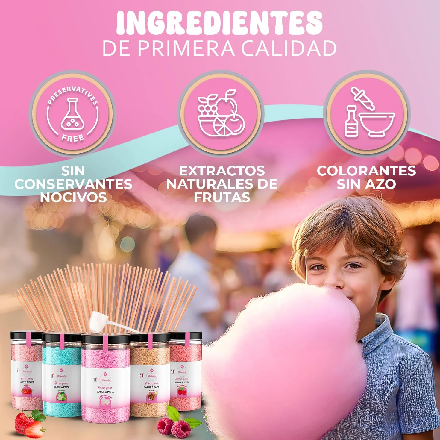 Algodón de azúcar Misskandy para máquina 1,5kg sabores fresa, manzana, malvavisco, cola, frambuesa + 50 barritas 30cm