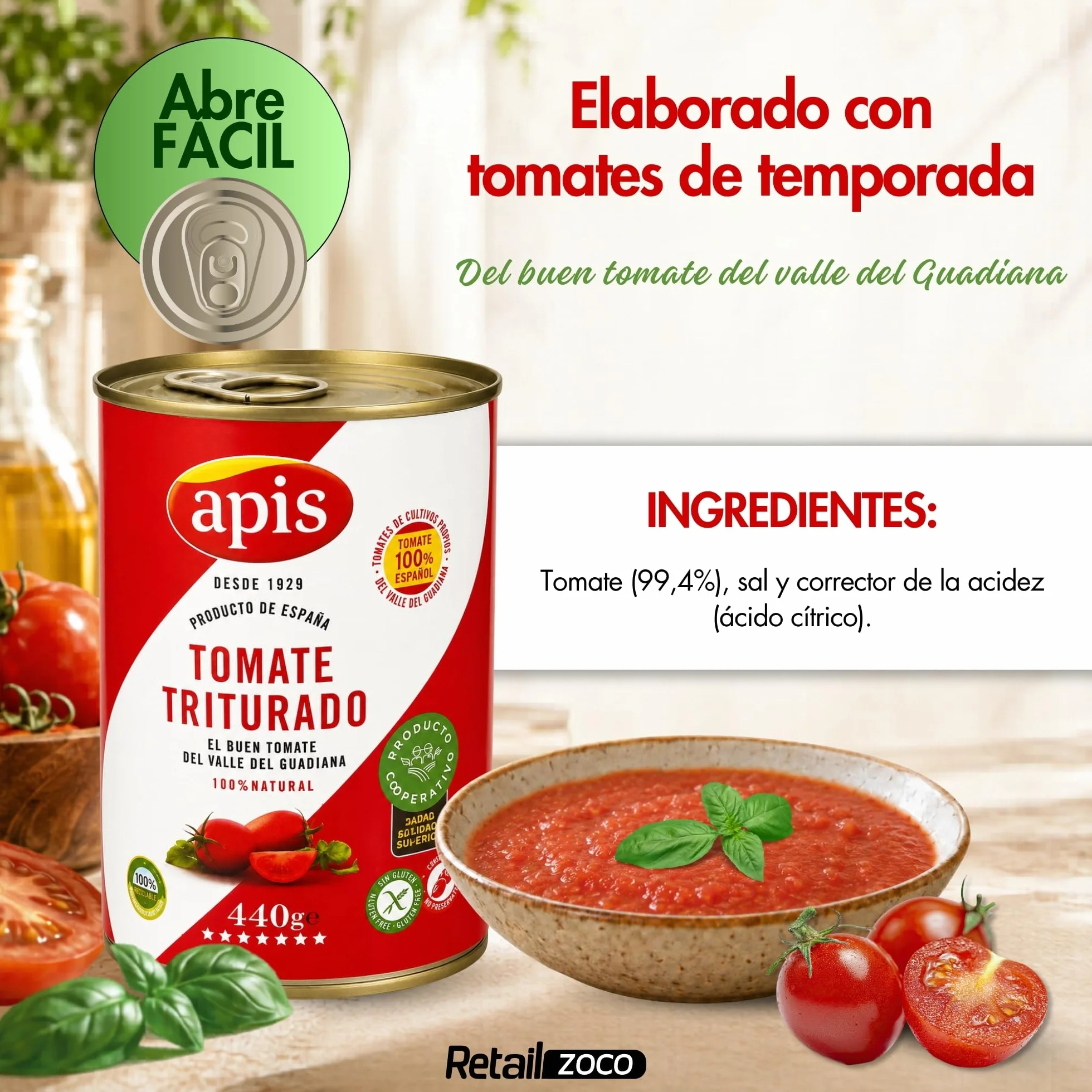 Tomate Triturado Apis, Tomate Natural en lata, Tomate 99.4%, sal y corrector de acidez, Sin Gluten, Producto Español, exquisito sabor, aroma y consistencia, Contiene 12 Latas de 400 gr