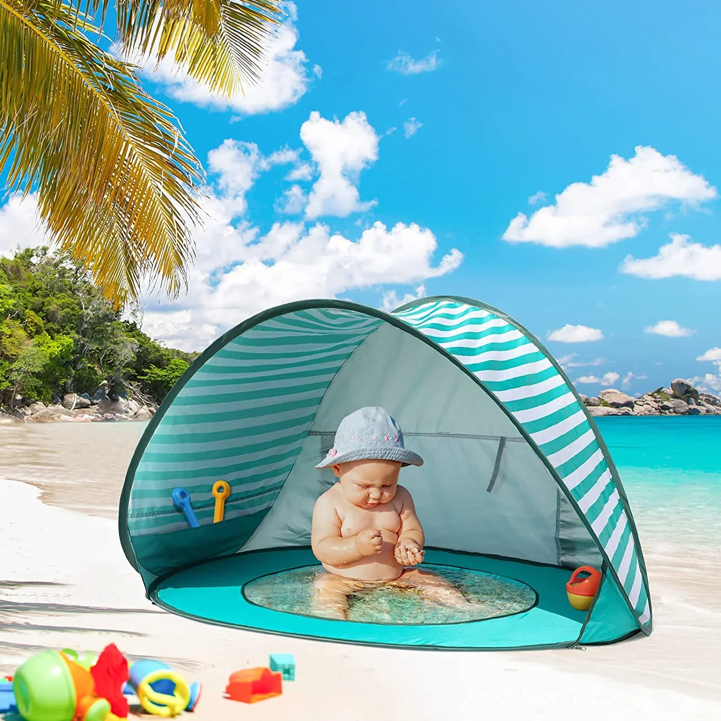 Tienda de campaña para bebé con mini piscina, protección UV, para playa y jardín (verde)