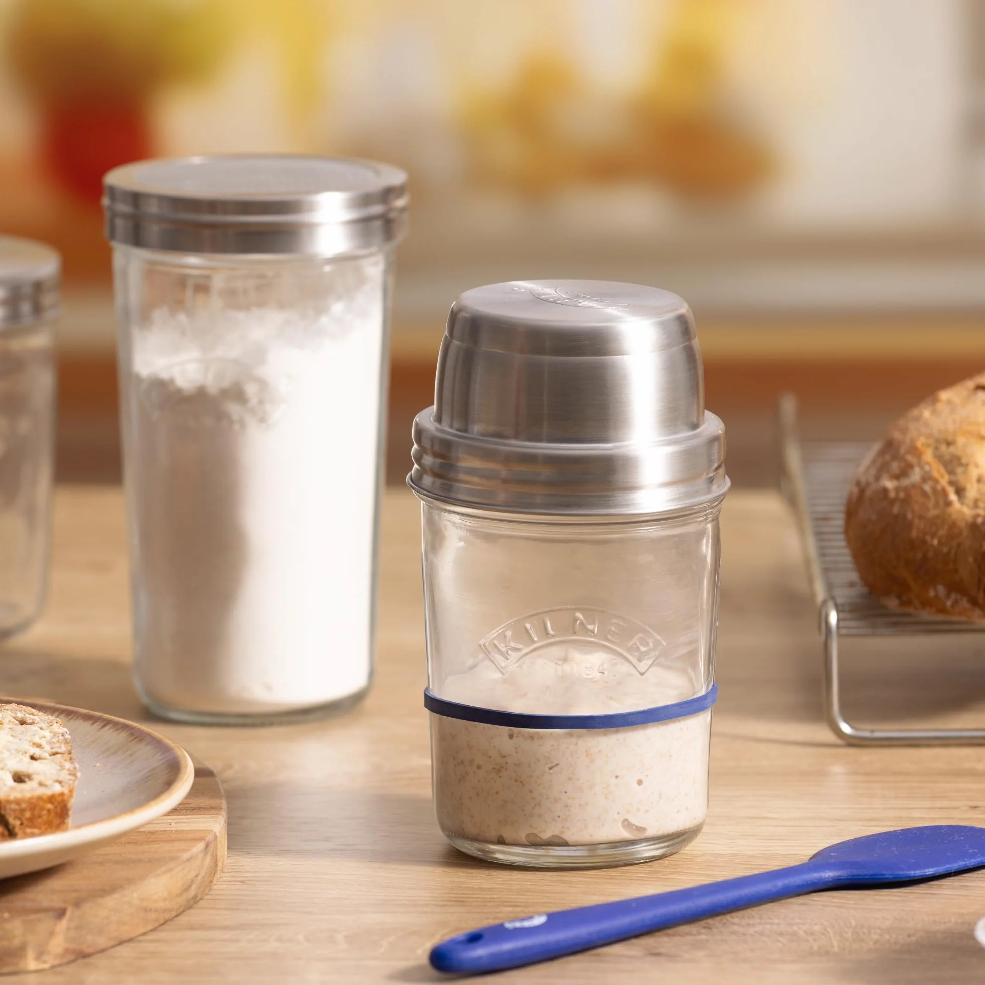 Kilner Juego de iniciación de masa madre 2 tarros 0,35L boca ancha acero inoxidable silicona
