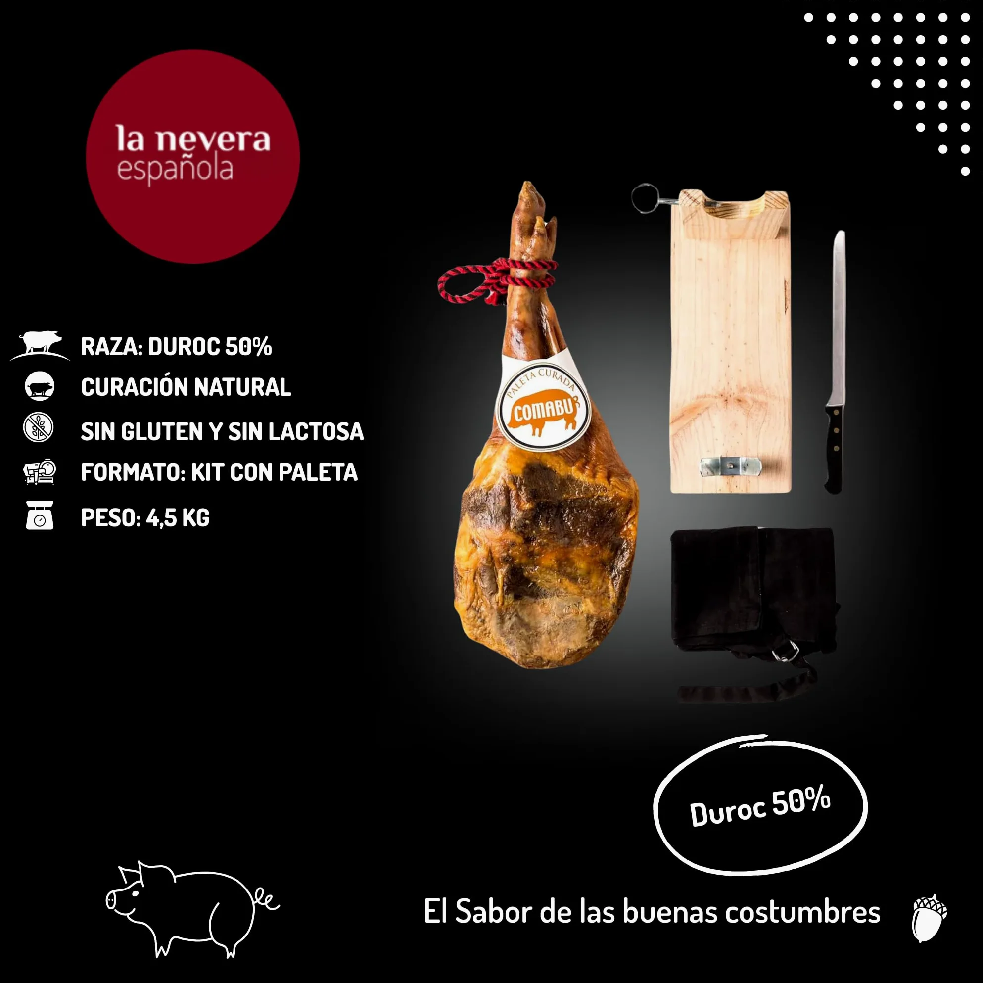 La Nevera Española | Paleta Curada, Jamonero, Cuchillo y Delantal | Peso 4,5 KG | Curación Mínima 10 meses | Jamones Comabu | El Jamón de la Nevera Española