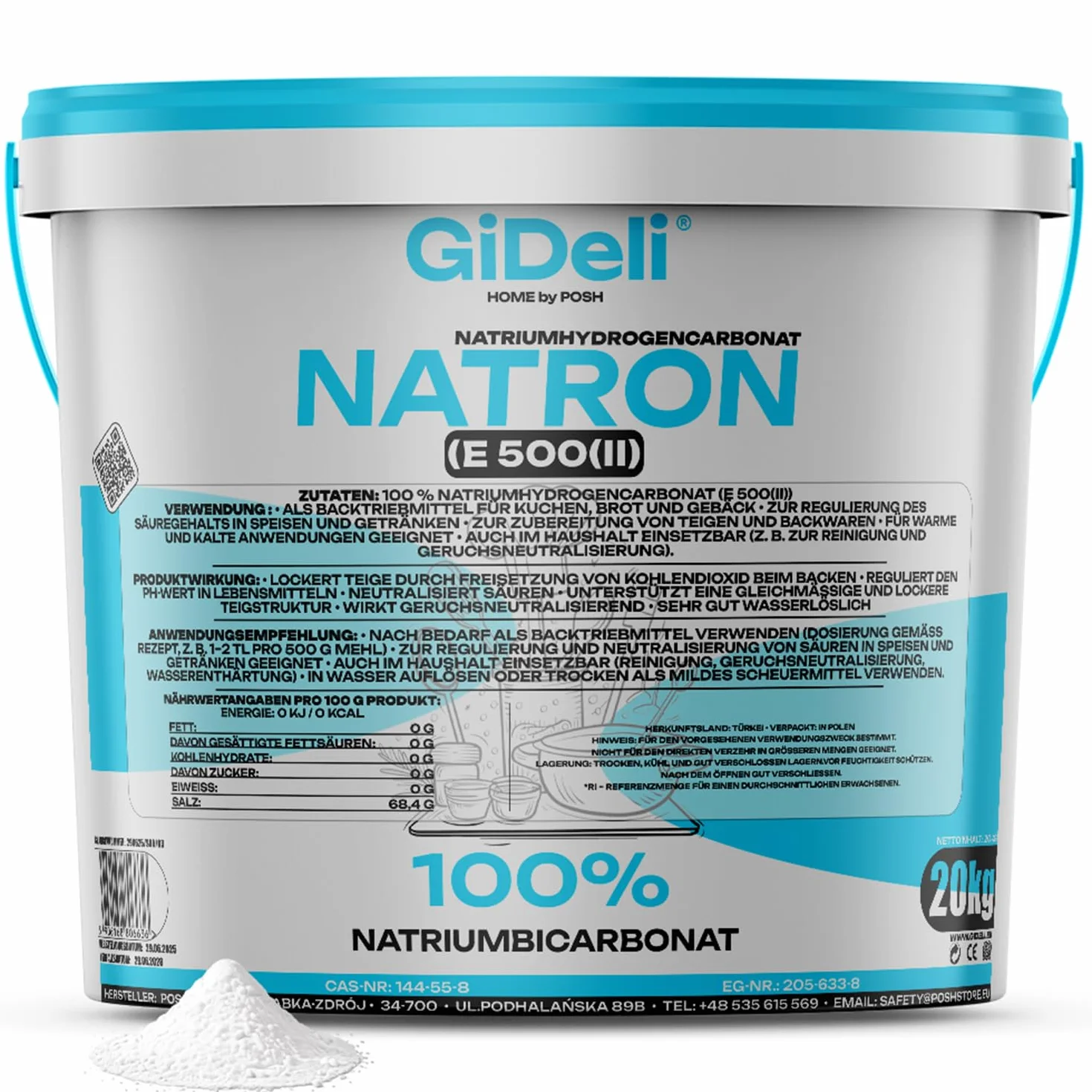 GiDeli Bicarbonato de Sodio 20kg - Perfecto Para Cocinar Pasta y Hornear - También se Utiliza Para Lavar y Limpiar - Uso Versátil en el Hogar - Regulador de la Química del Agua de la Piscina