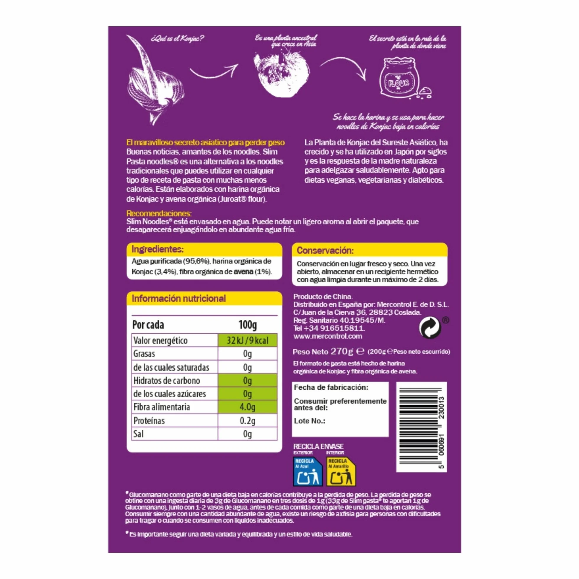 Slim Pasta - Pack de 12 Unidades de Noodles Thai Style de Konjac - Sin Calorías ni Carbohidratos - Ideal para Dietas Keto y Low Carb - Apto para Veganos - Elaborado con Harina de Konjac