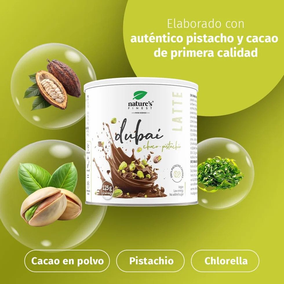 Nature's Finest Dubai Latte Mix con Pistacho, Cacao, Inulina y Clorella, 125 g - Bebida Vegana sin Azúcar Añadido - Apoyo Digestivo y Detox Natural - Bajo en Calorías, Apto para Dietas Keto y Low Carb