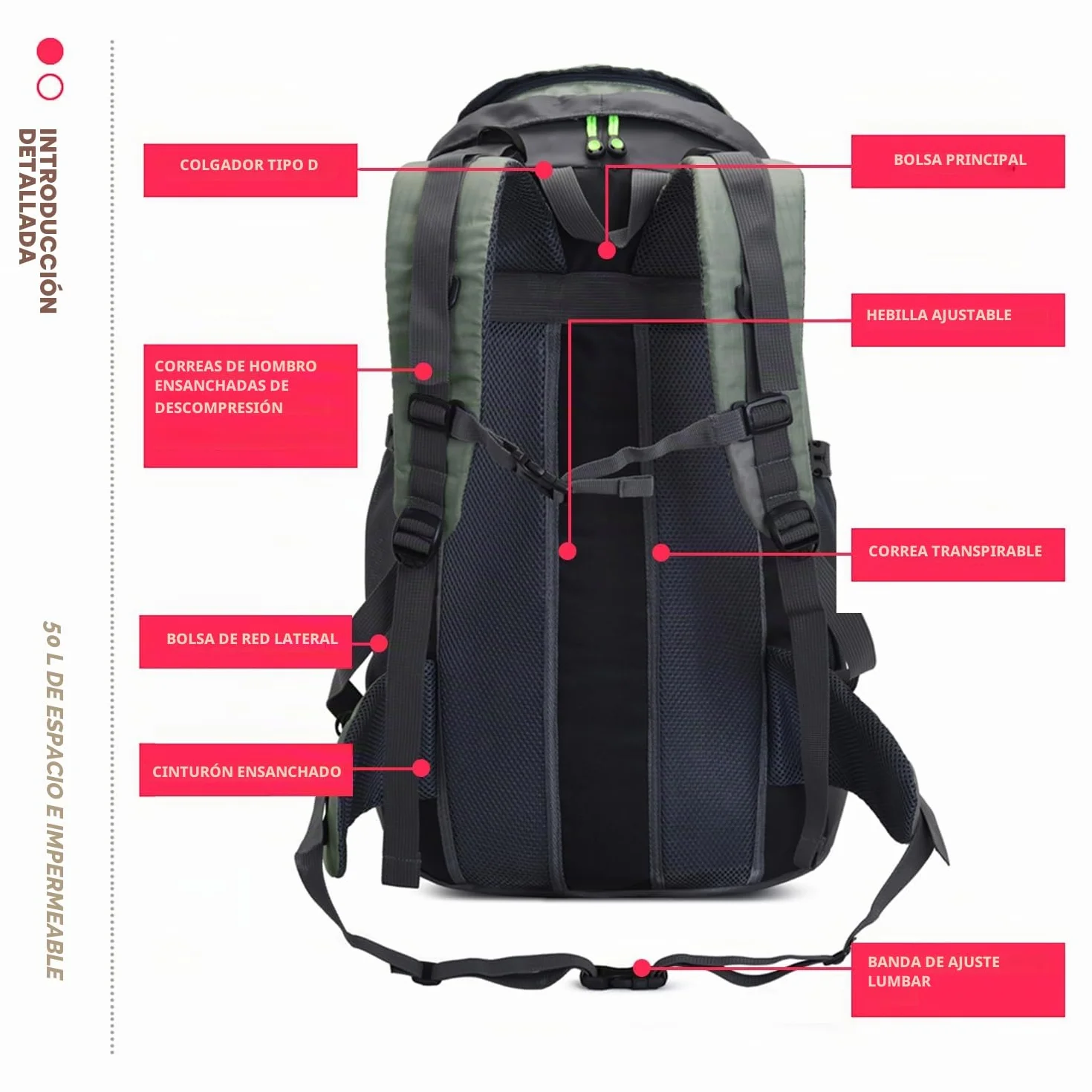 Mochila de senderismo impermeable 50L Bseash para viaje y camping