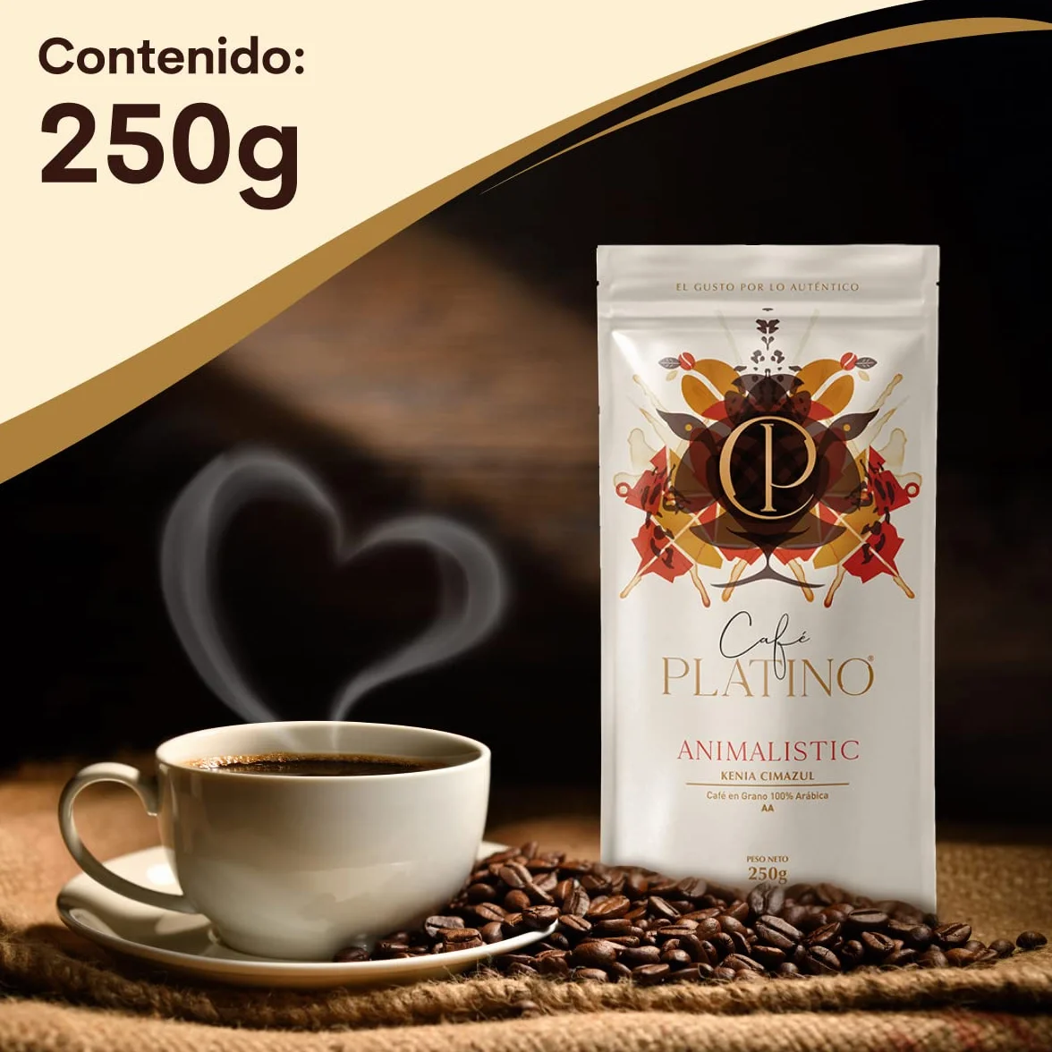 Café Platino Animalistic - Café en Grano Natural de Kenia Cimazul Tostado 250g - 100% Arábica - Categoría AA