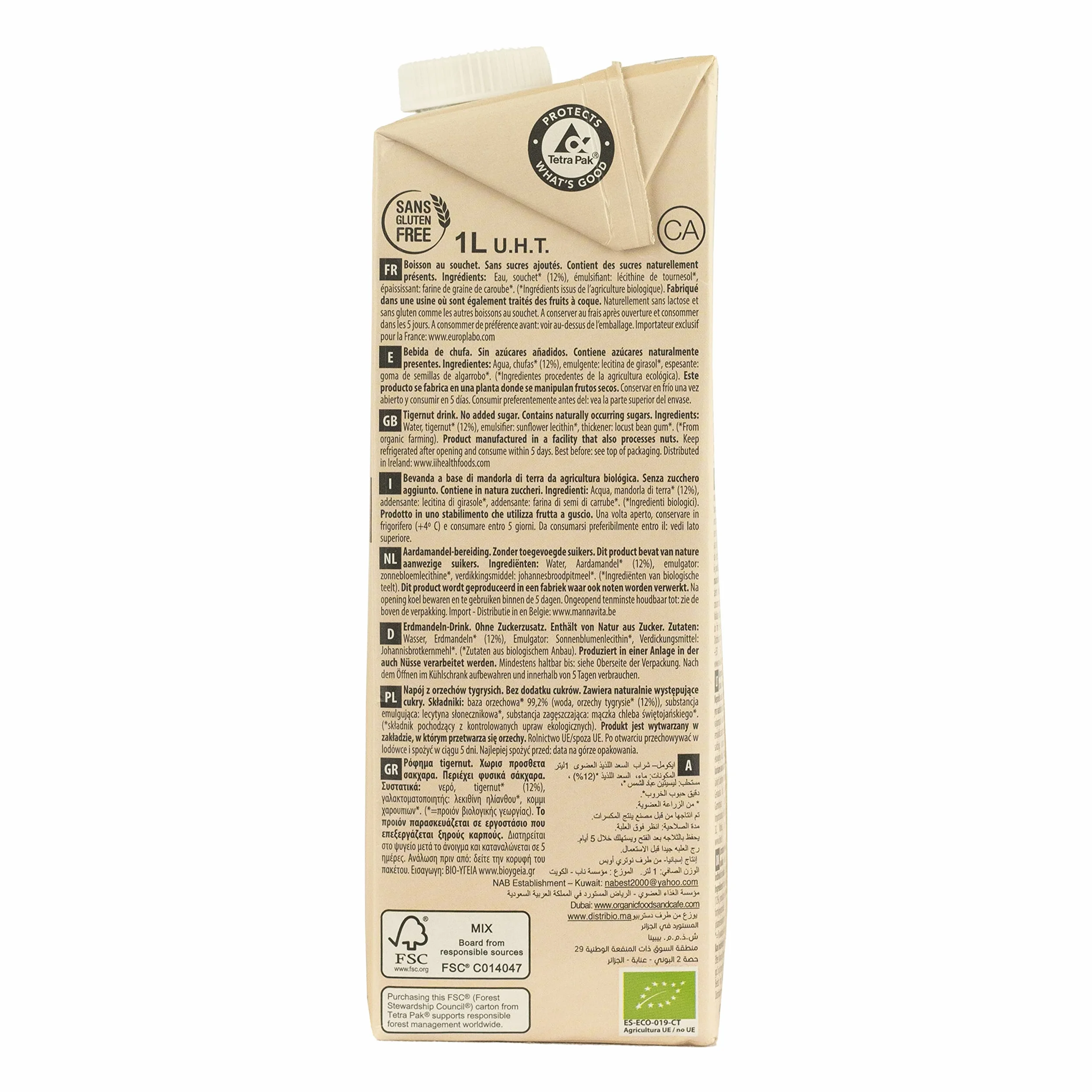 Ecomil - Bebida Vegetal de Chufa BIO, Sin Azúcares Añadidos, Vegano, Sin Lactosa, Sin Gluten - Pack 6 unidades de 1L