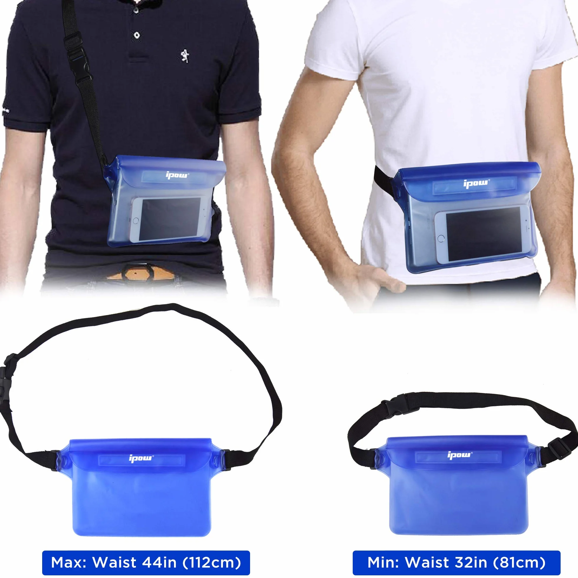 Bolsa Impermeable IPX8 Riñonera con Cinturón Ajustable para Playa Natación, Negro y Azul Traslúcido