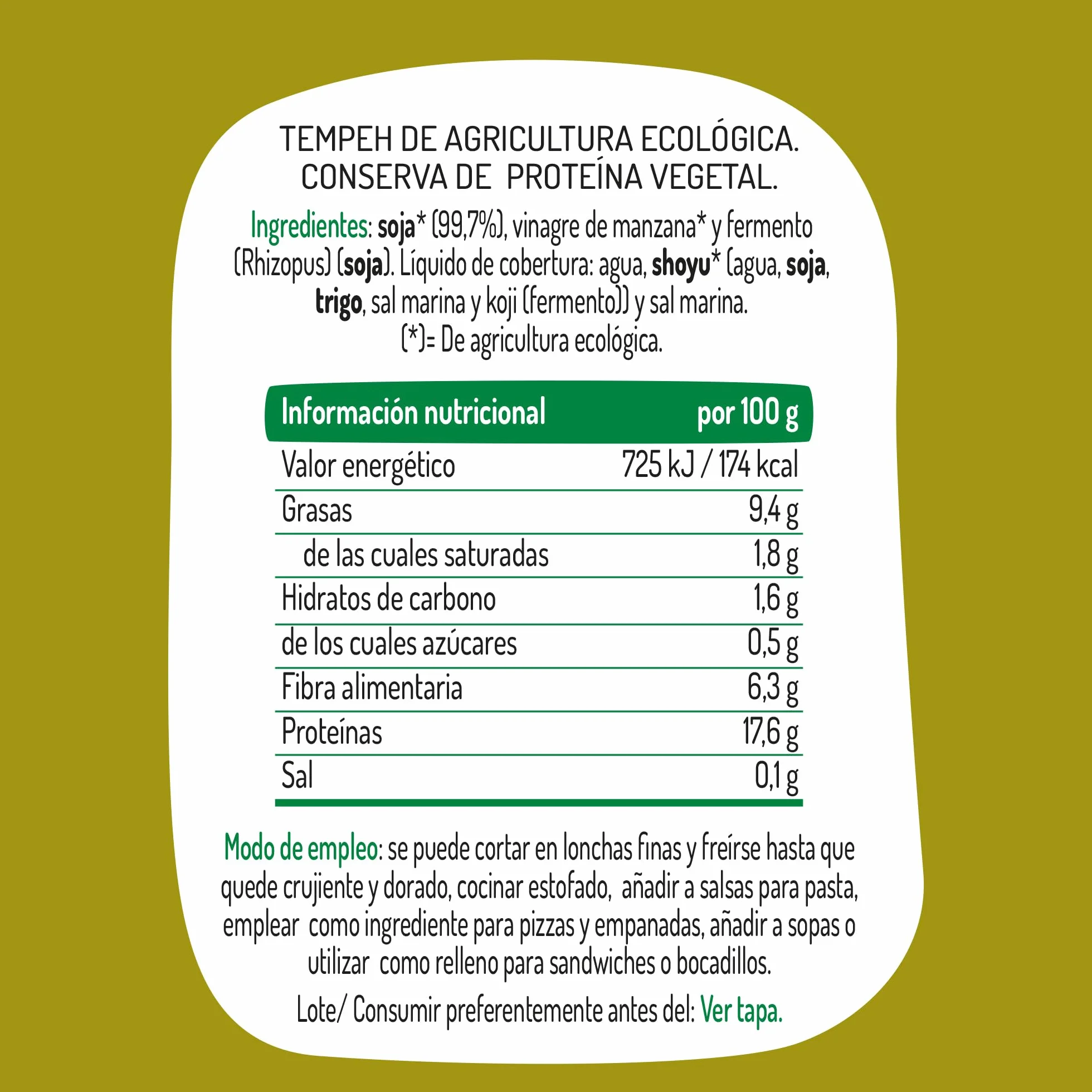 El Granero Integral - Tempeh en Conserva BIO - 380 g - Carne Vegetal de Soja Fermentada y Shoyu - Alimento Rico en Fibra y Proteínas - Apto para Veganos