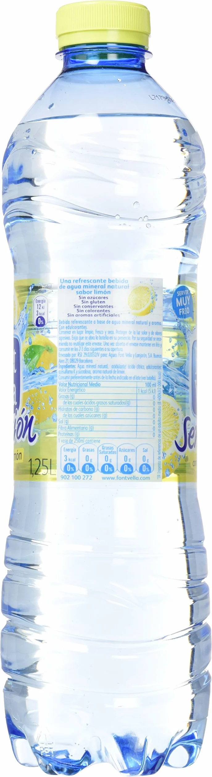 Font Vella Sensación Limón, Agua con sabor limón y lima sin calorías, 6 botellas de 1.25 litros