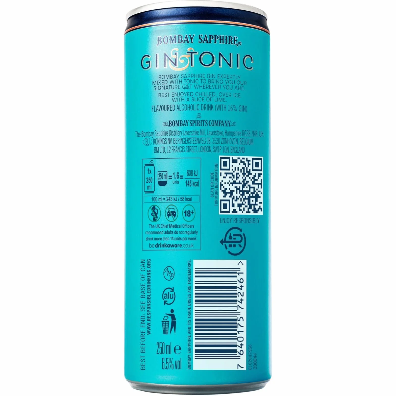 Latas de cóctel Bombay Sapphire Gin & Tonic listo para tomar, 6,5% Vol., 25 cl / 250 ml (pack de 12), bebidas alcohólicas con London Dry Gin 100% infusionada al vapor