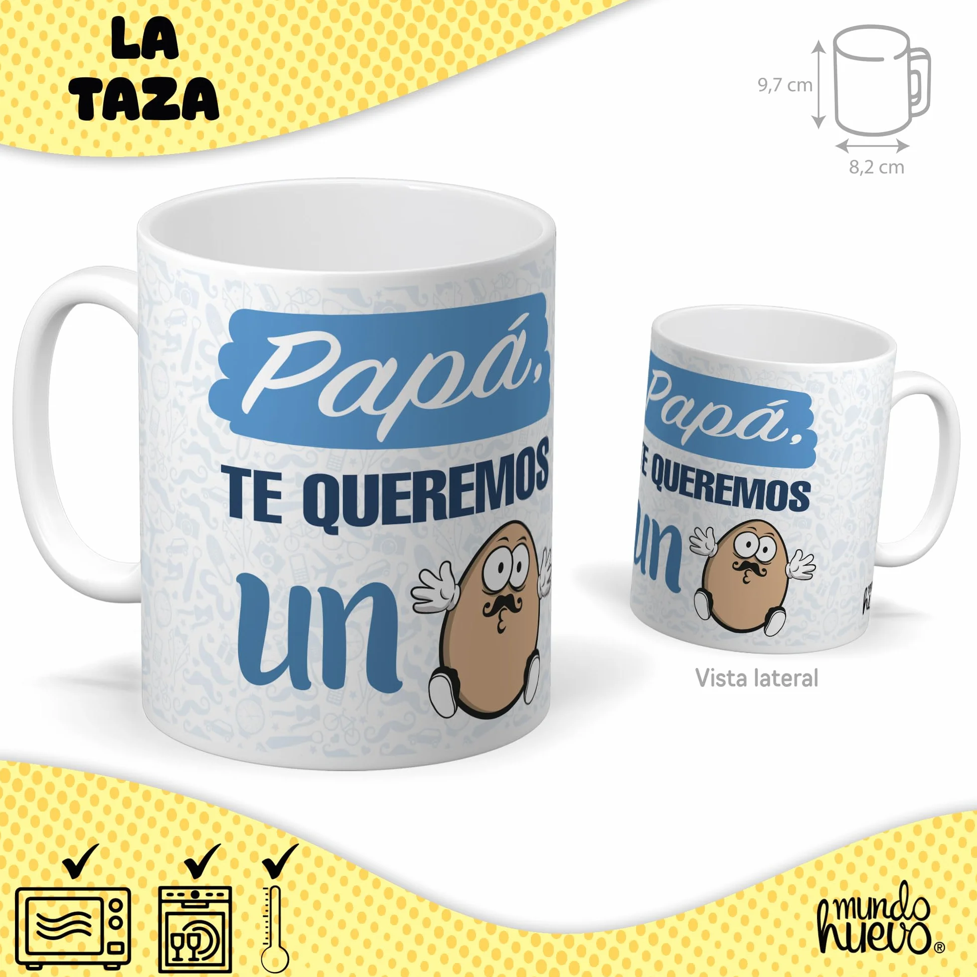mundohuevo Regalo Divertido Dia del Padre | Taza Personalizada Papa TE Queremos UN Huevo, Caramelos de Broma PAPACOMPLEX y Calcetines Sorpresa.