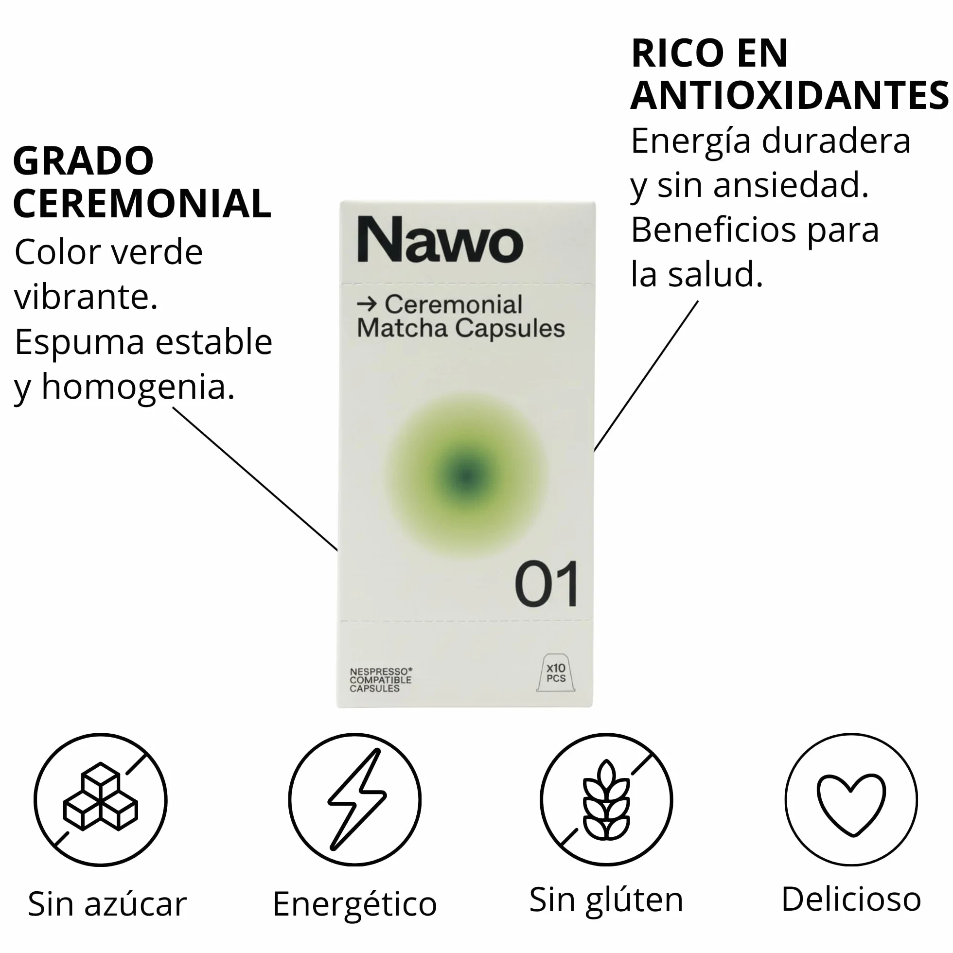 10 Cápsulas de Té Matcha Ceremonial – Compatibles con Nespresso®, 100% Natural, Té Verde en Polvo, Ideal para Matcha Latte, Sin Azúcares Añadidos ni Conservantes – NAWO® Matcha