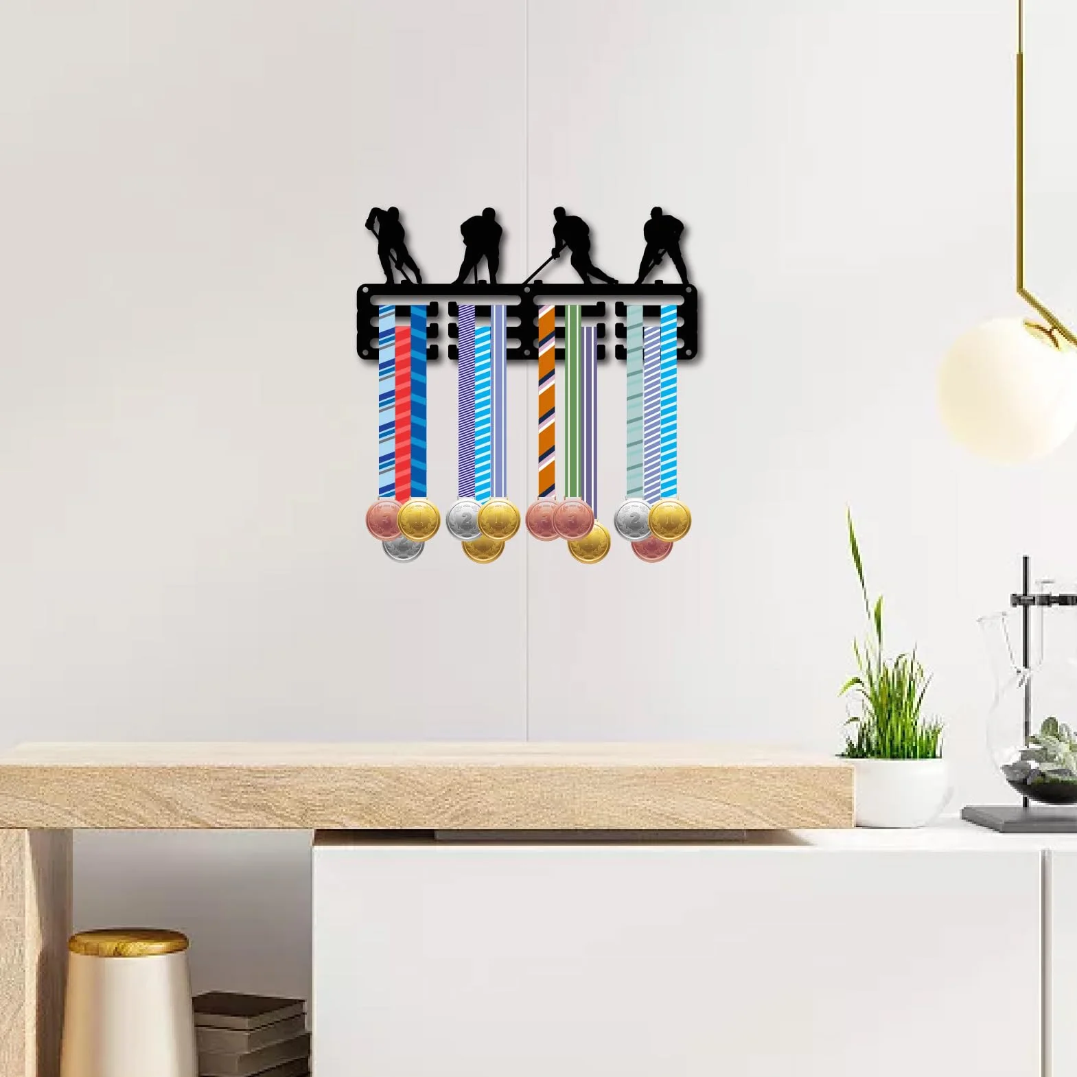 CREATCABIN Soporte Medallas Hockey Hielo Expositor Pared Metal Negro 29x13cm