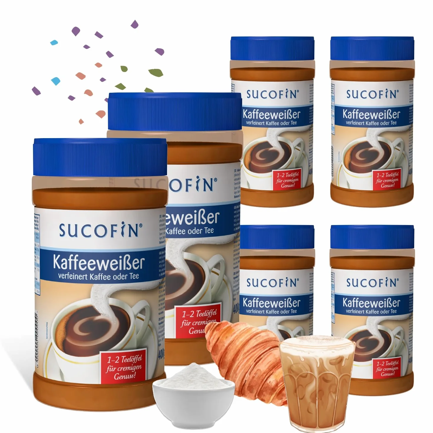 SUCOFIN Juego de 6 botes de 400 g para café y té, fácilmente soluble, larga duración, reemplazo perfecto para leche en polvo, pack de 6 para un disfrute cremoso