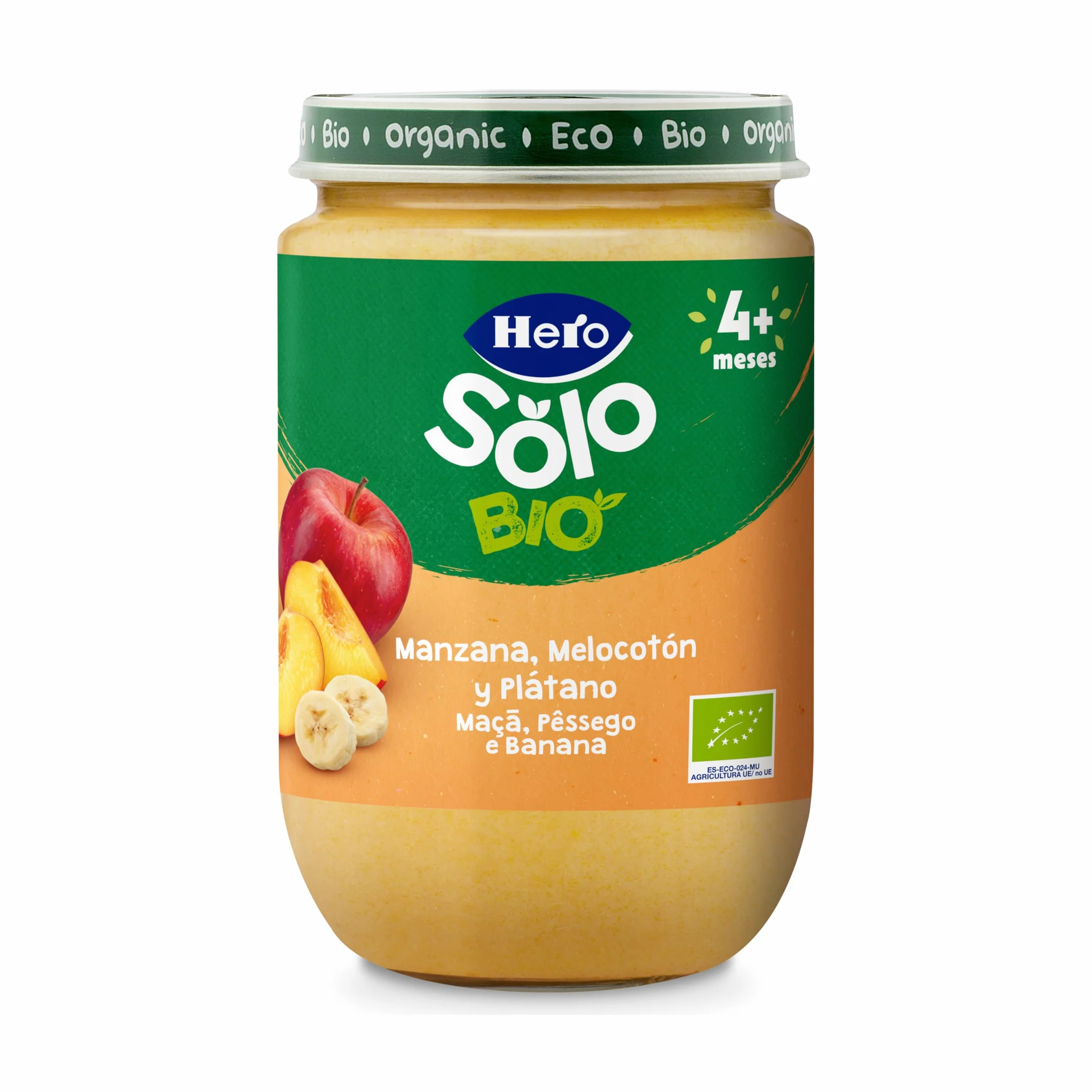 Hero Solo Bio Tarritos de Manzana, Melocotón y Plátano 100% Ecológico, con Ingredientes Naturales para bebés desde los 4 meses - Pack de 12 x 190 g