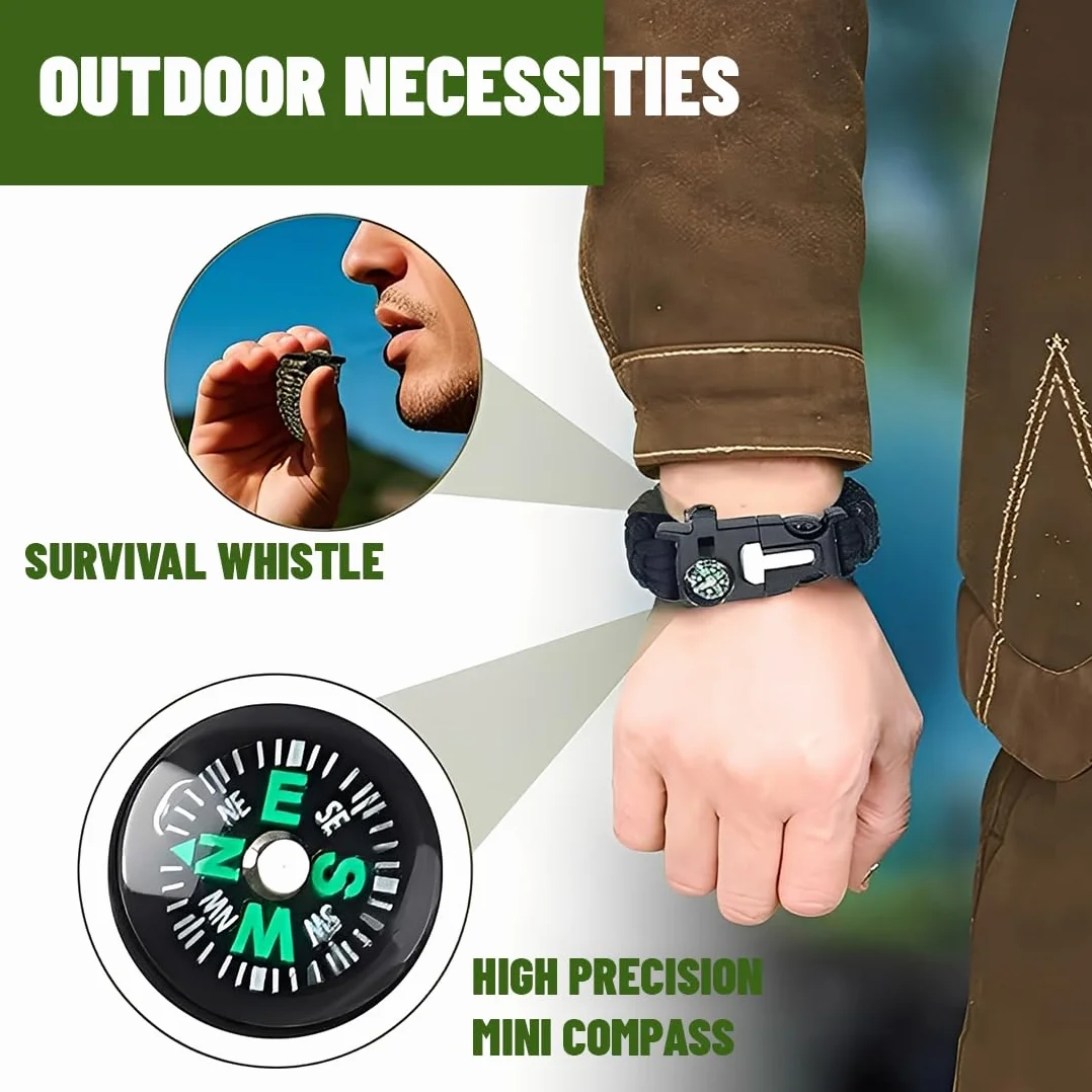 Pulsera de Supervivencia Multifuncional 3pcs con Flint Brújula Silbato para Senderismo Acampada