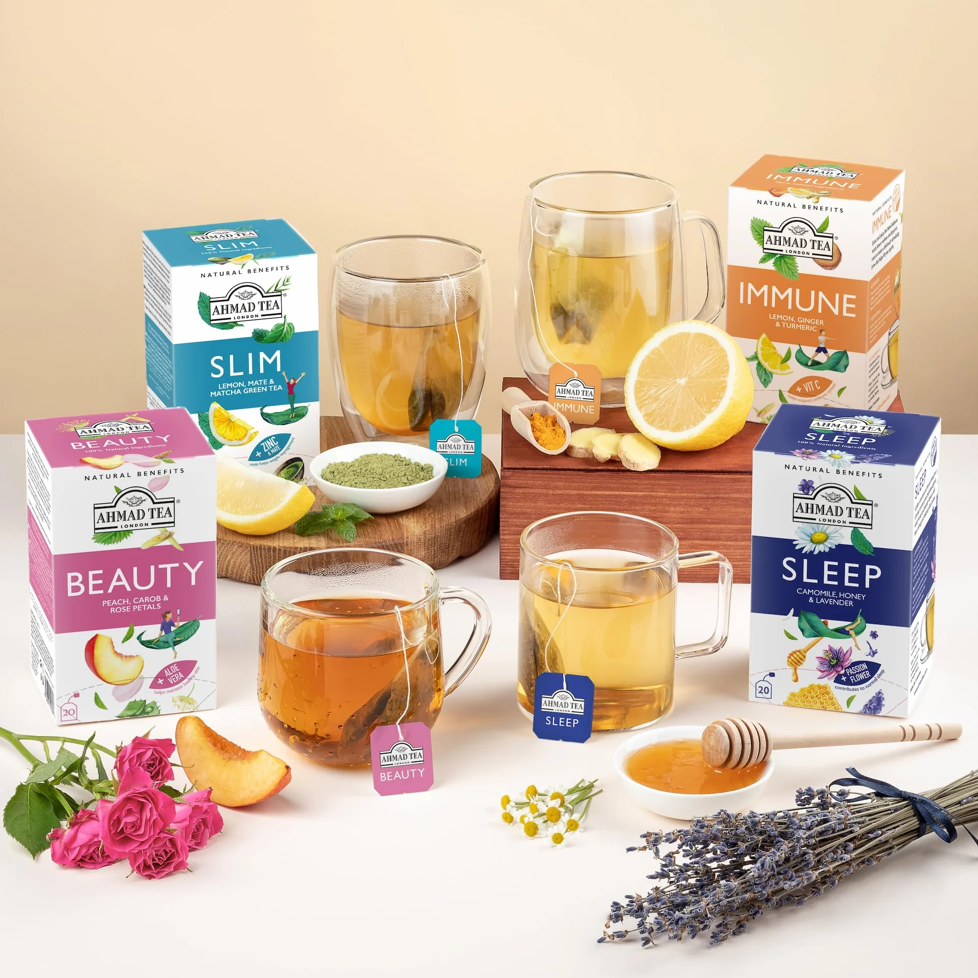 Ahmad Tea Paquete de selección de té funcional Natural Benefit | infusiones de té verde, frutas y hierbas, regalo perfecto para té de hierbas, 60 bolsitas de té | 6 mezclas