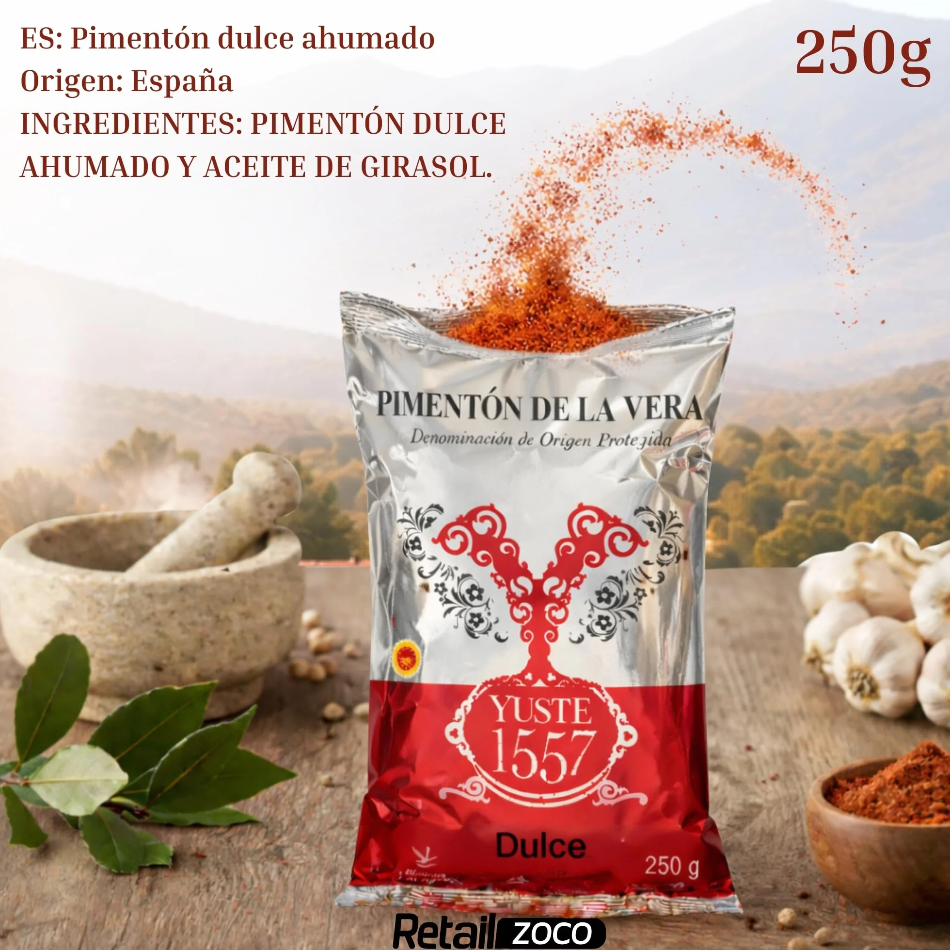 Pimentón de la Vera Ahumado Dulce, Denominación Origen Protegida, Pimentón Yuste 1557, Producido en Extremadura, Ideal para guisos, carnes, salsas y platos tradicionales, 1 bolsa de 250 gr