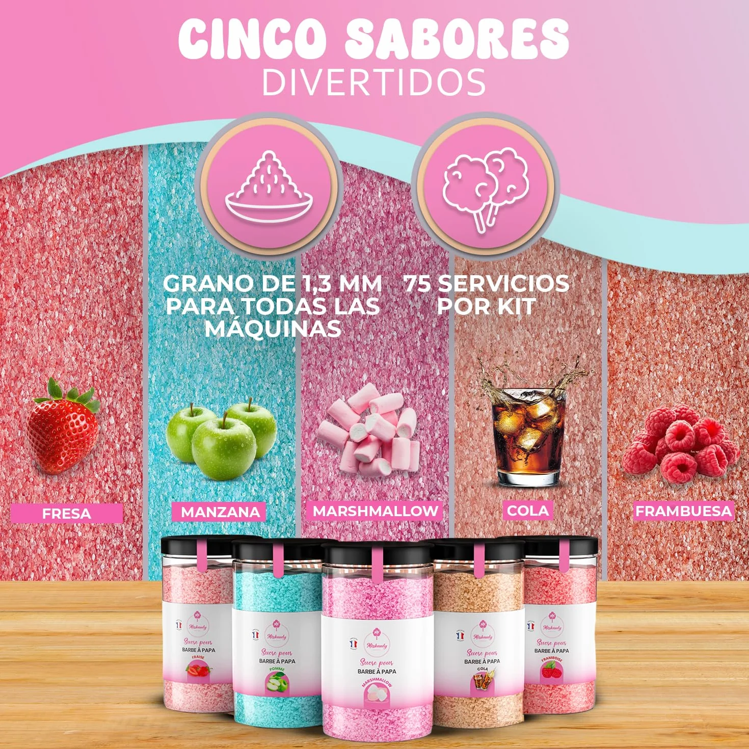 Algodón de azúcar Misskandy para máquina 1,5kg sabores fresa, manzana, malvavisco, cola, frambuesa + 50 barritas 30cm