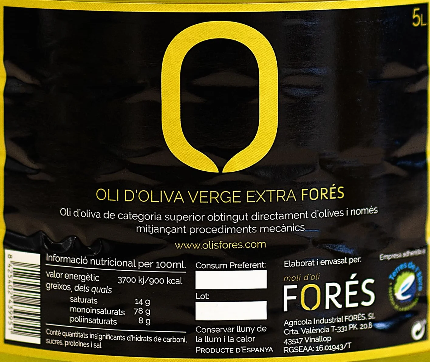 FORÉS | Aceite de Oliva Virgen Extra 5L | AOVE Gourmet Garrafa PET | Extracción en Frío | Sabor Frutado Verde con Amargor y Picante | Reserva de la Biosfera UNESCO Terres de l’Ebre