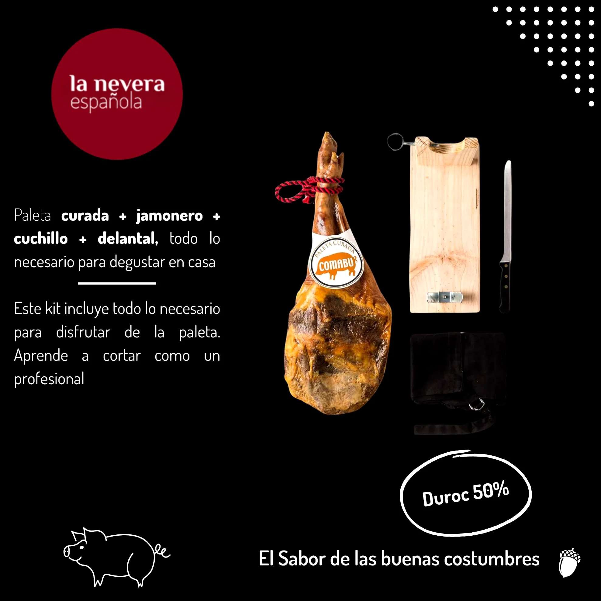 La Nevera Española | Paleta Curada, Jamonero, Cuchillo y Delantal | Peso 4,5 KG | Curación Mínima 10 meses | Jamones Comabu | El Jamón de la Nevera Española
