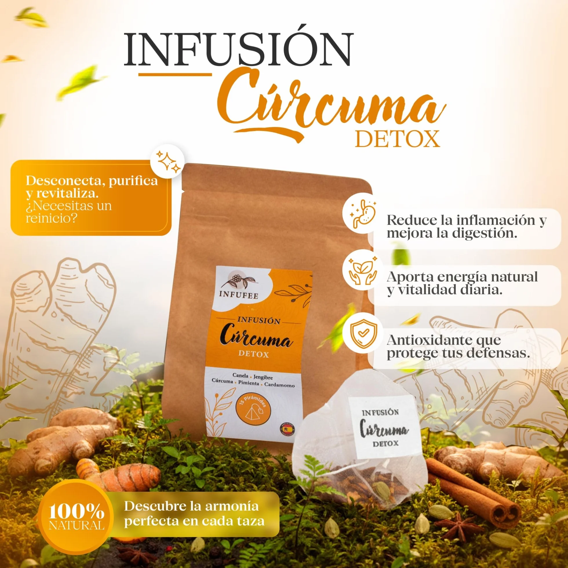 Infusión Detox de Cúrcuma y Jengibre - Té Antioxidante y Antiinflamatorio con Pimienta Negra, Canela y Cardamomo - Plan Adelgazante Natural 15 Dias- Infusión Sin Teína para Dieta Depurativa