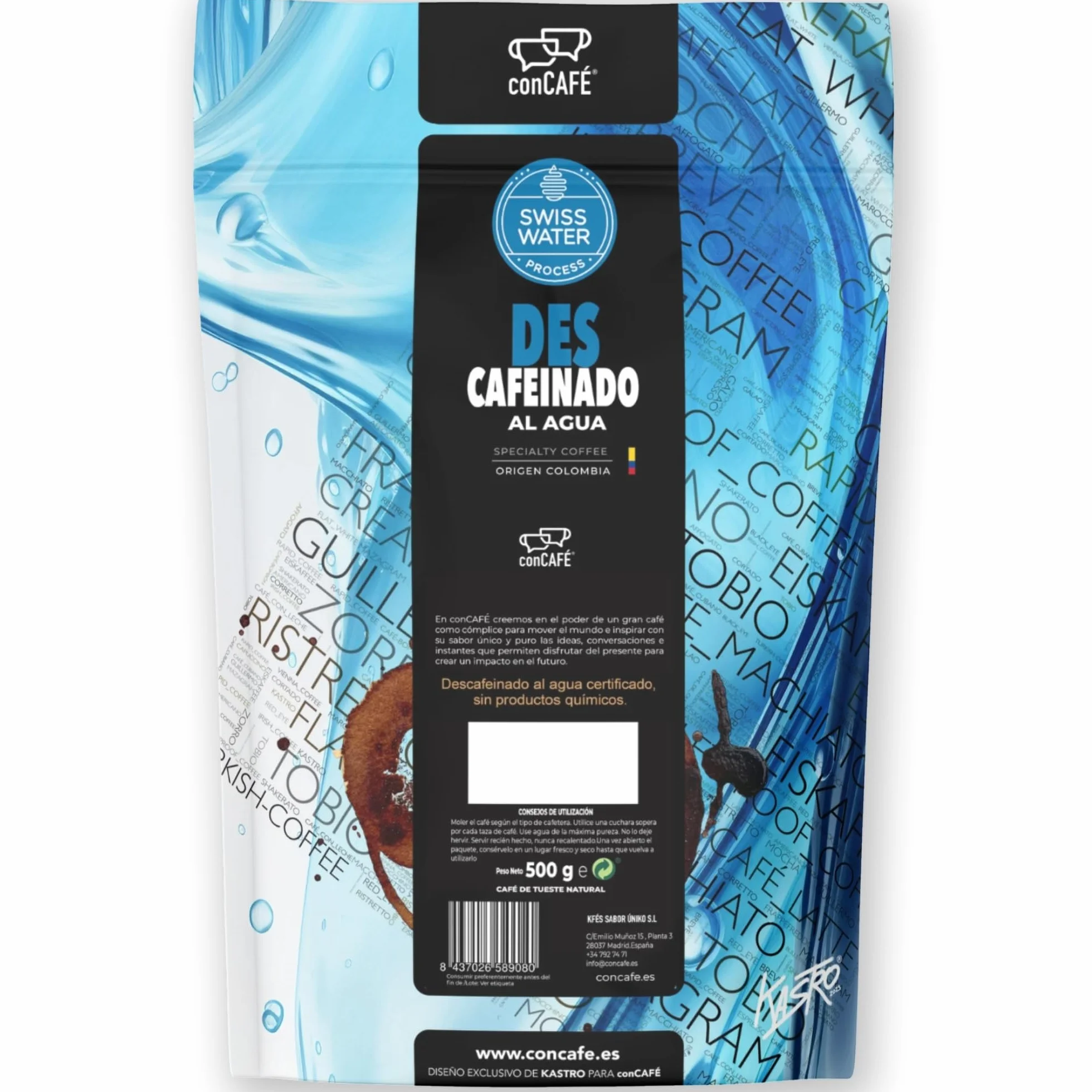 conCAFÉ - Café en grano Descafeinado al agua sin químicos y certificado por Swiss Water | Colombia | 100% Arábica | Specialty Coffee +80 puntos | Tueste Natural y Artesanal | Paquete 500g