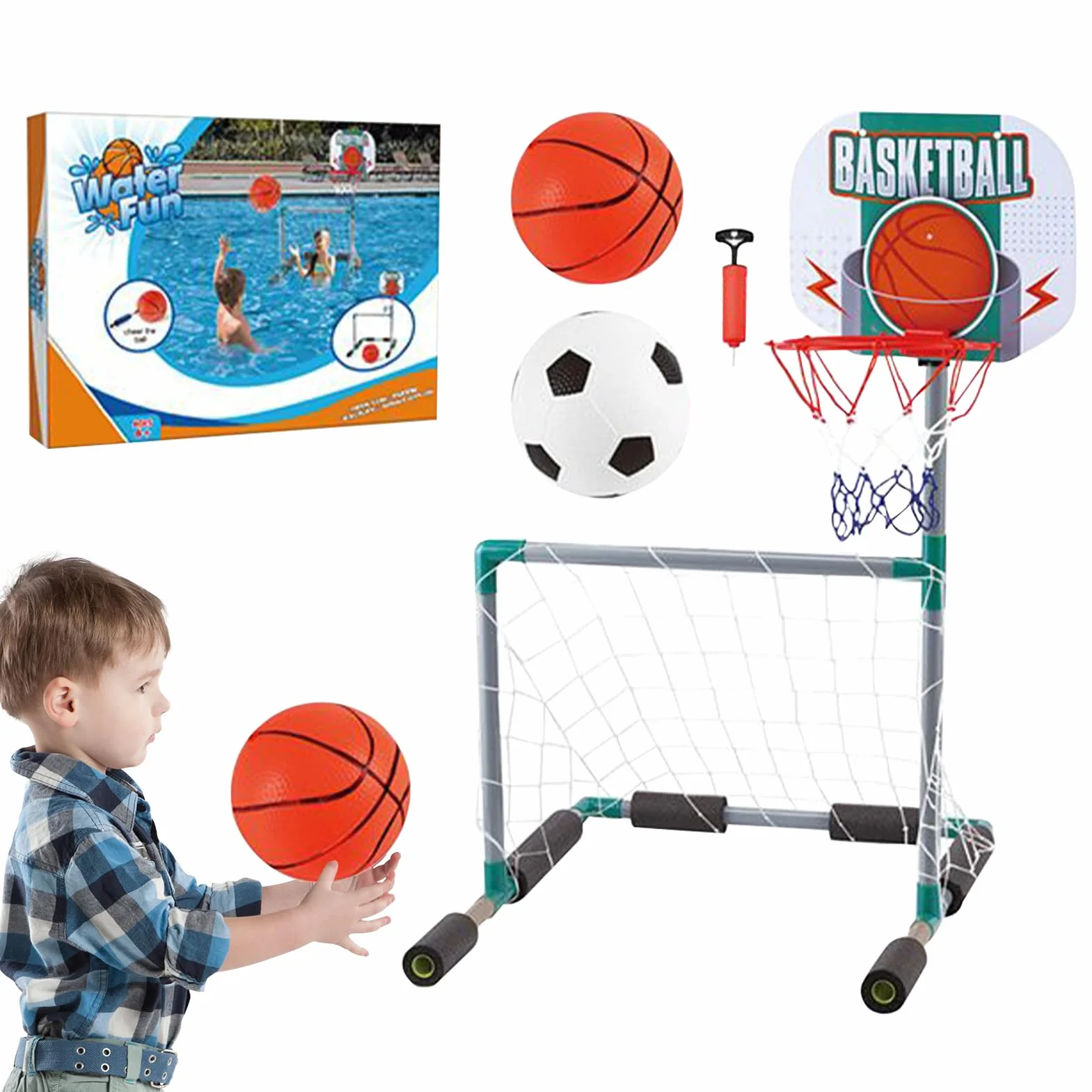 Portería de Fútbol Flotante para Piscina 45x55x70cm EVA+ABS Marco Red Aros Kit Bomba Pelota