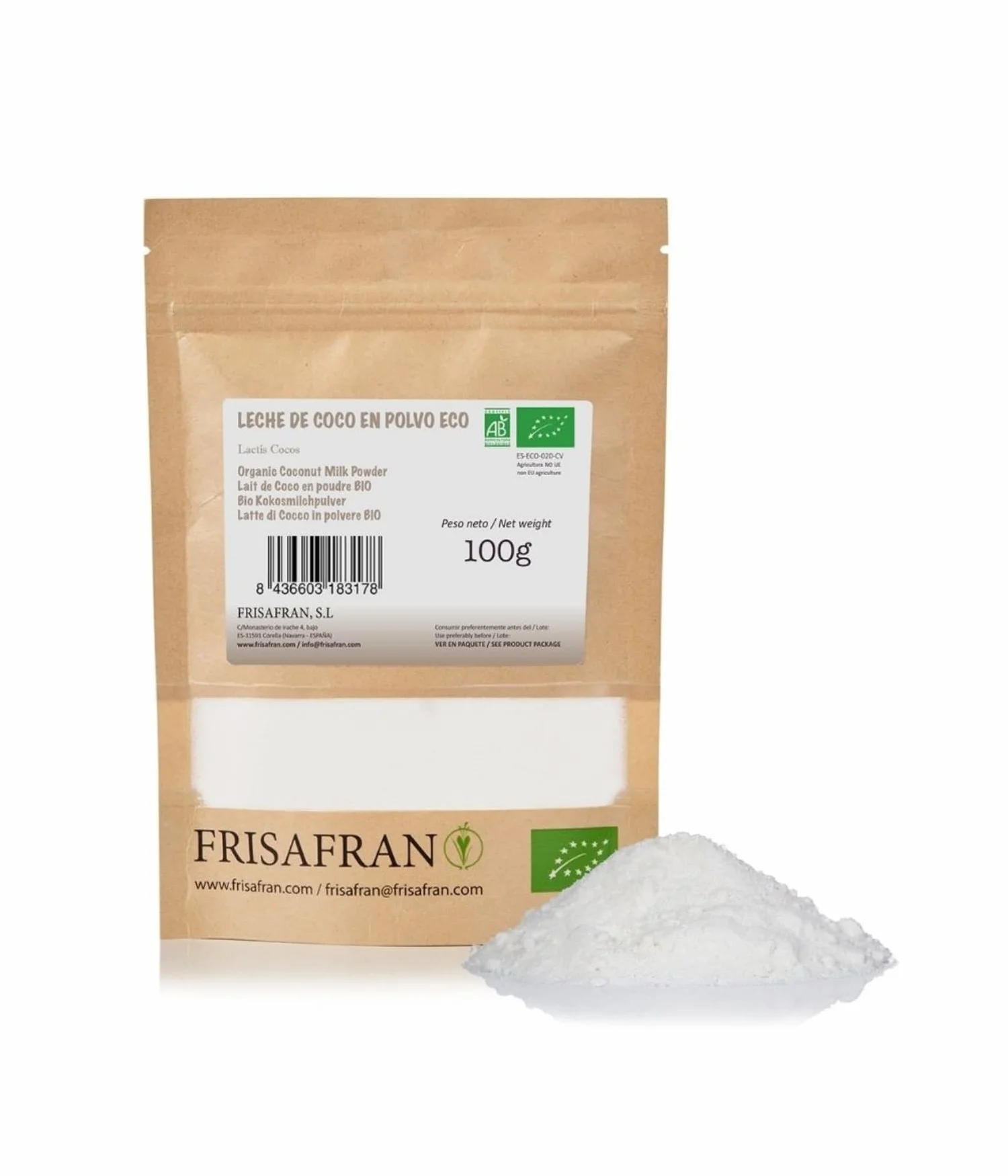 Leche de coco orgánica en polvo 100g Bio sin azúcar sin gluten vegana