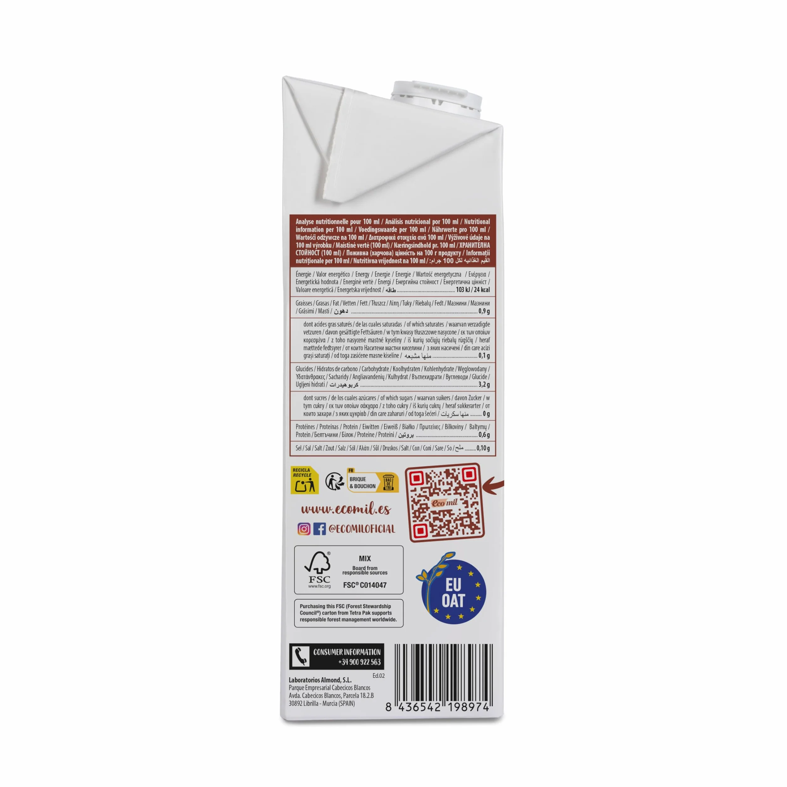 Ecomil - Bebida de Avena Bio 1 L, Sin Azúcares Añadidos ni Edulcorantes, 100% Vegetal, Sin Lactosa, Alternativa a la Leche de Vaca, Ideal para Café, Desayunos y Recetas Saludables