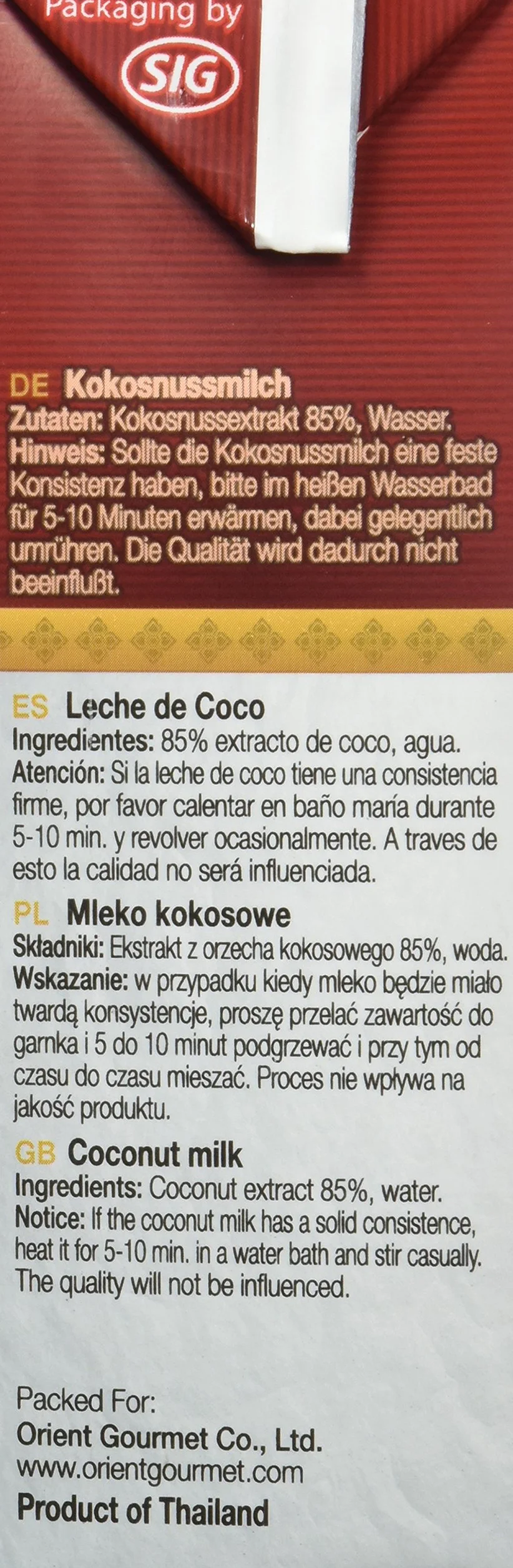 Orient Gourmet Leche de coco, leche cremosa con sabor a coco, cocina tailandesa auténtica, Contenido de Grasa 17-19%, 1 2 x 500 ml