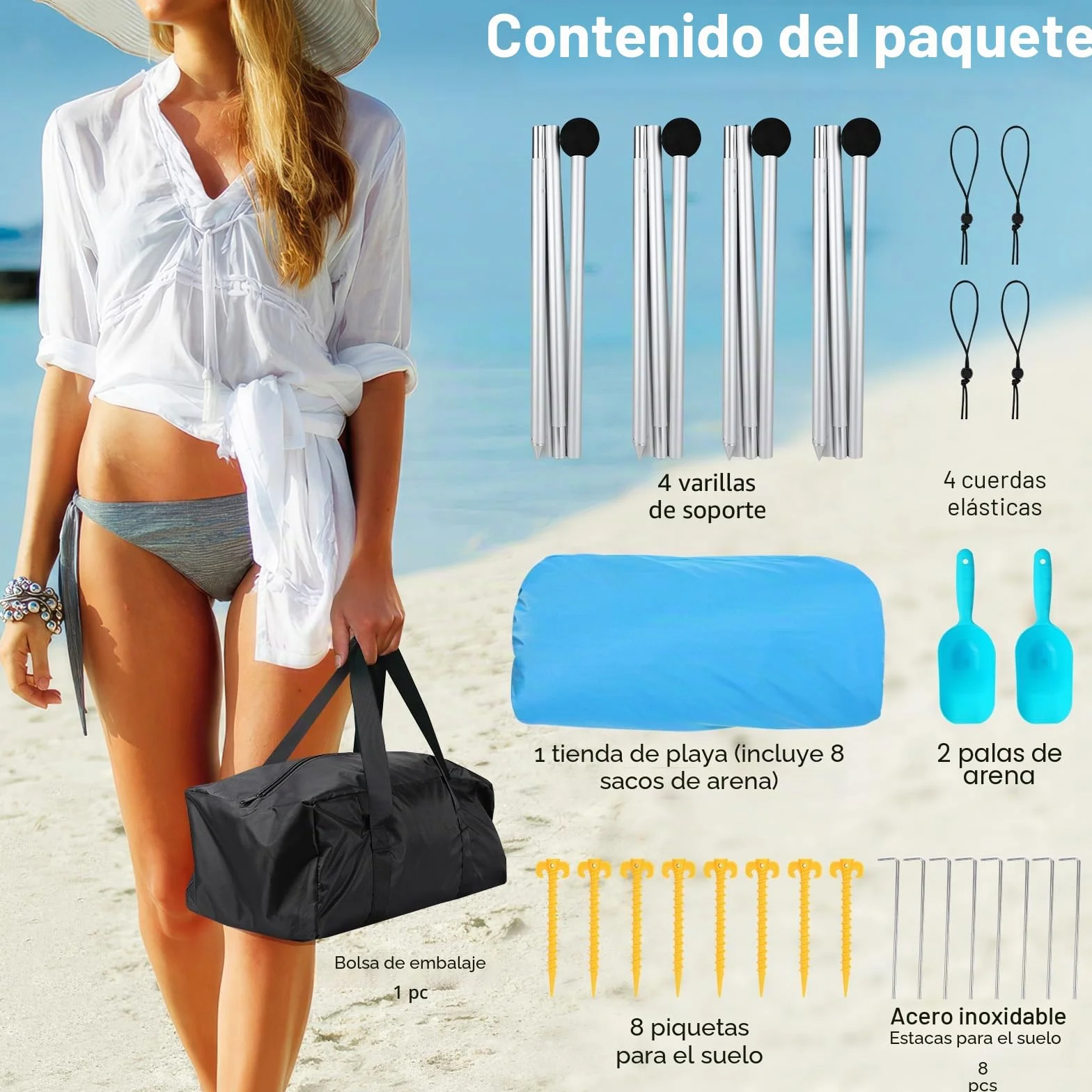 Rhino Valley Toldo de Playa Plegable Portátil Protección UV UPF50+ Resistente Viento con Sacos de Arena