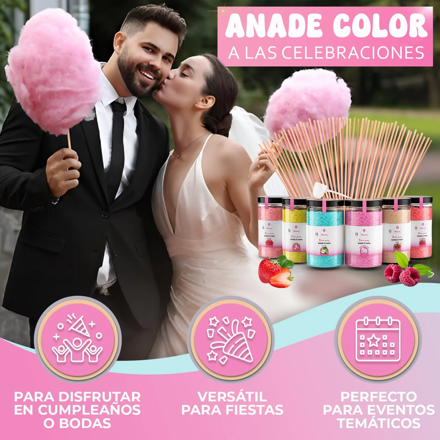 Misskandy,azucar para algodon de azucar/para máquina 1,8 kg (6 * 300g)/sabores: fresa, manzana, malvavisco, cola, frambuesa, piña colada, + 50 palos (30 cm) (ofrecido)