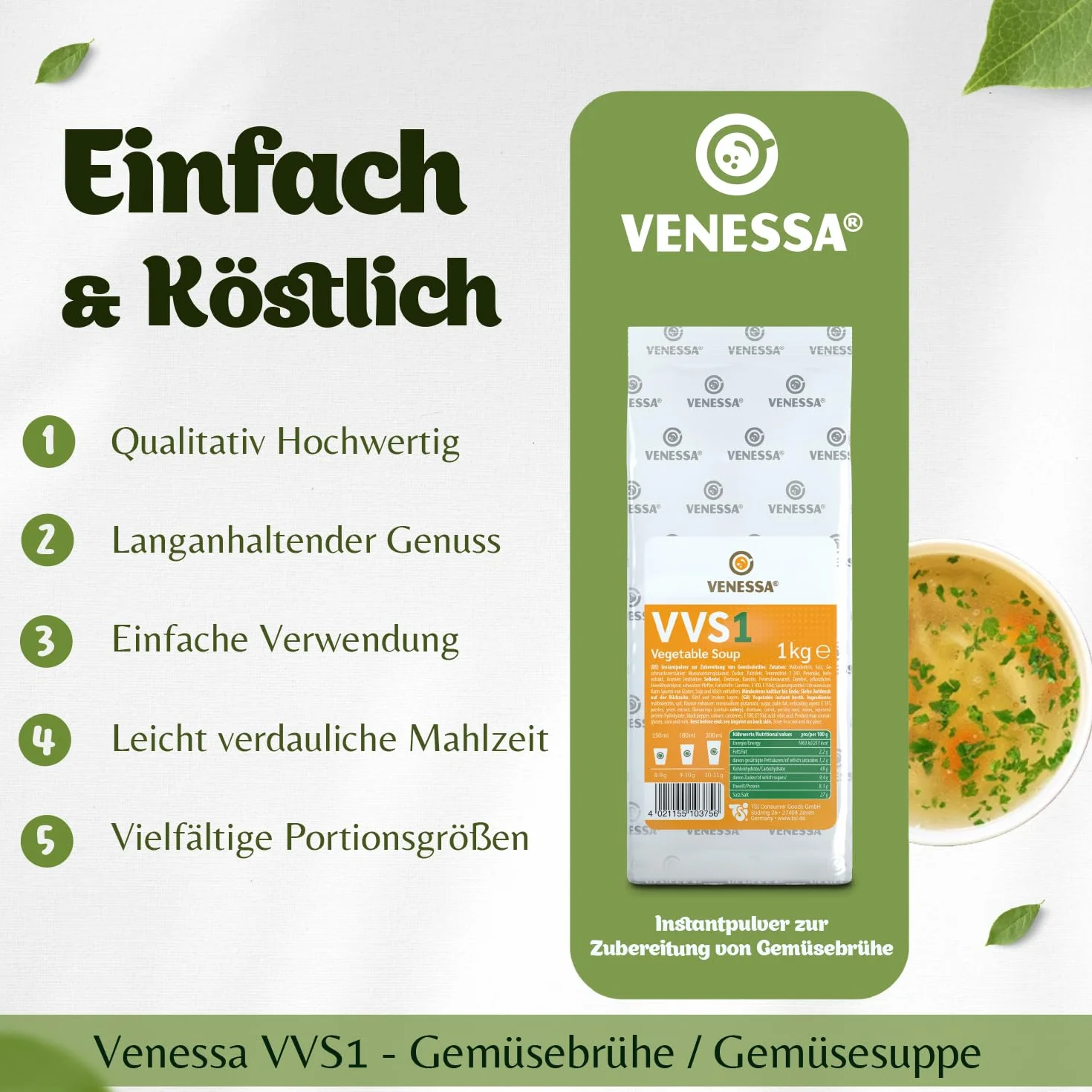 Venessa VVS1 Sopa de verduras 10 x 1 kg - Fresco y fino - Sabor vegetal natural - Soluble, sin grumos - Adecuado para todas las máquinas de café Vending, oficinas, autoridades
