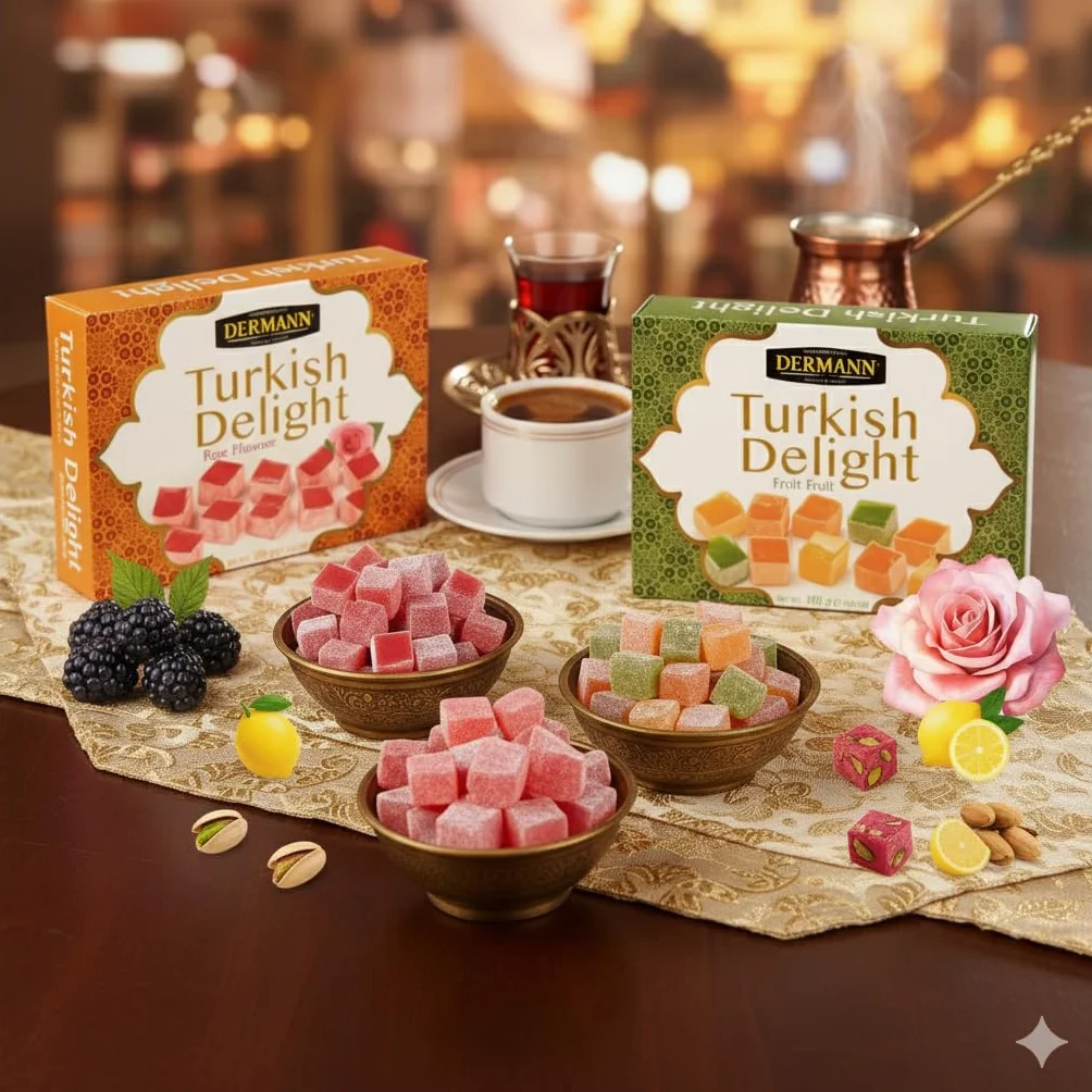 Delicias turcas 4x100g (Set de 4 Sabores: Rosa, Frutas, Frutos Secos y Granada) | Sin gluten | Confitería tradicional de lujo | Vegano, Halal, El Mejor Lokum Turco, Loukoumi