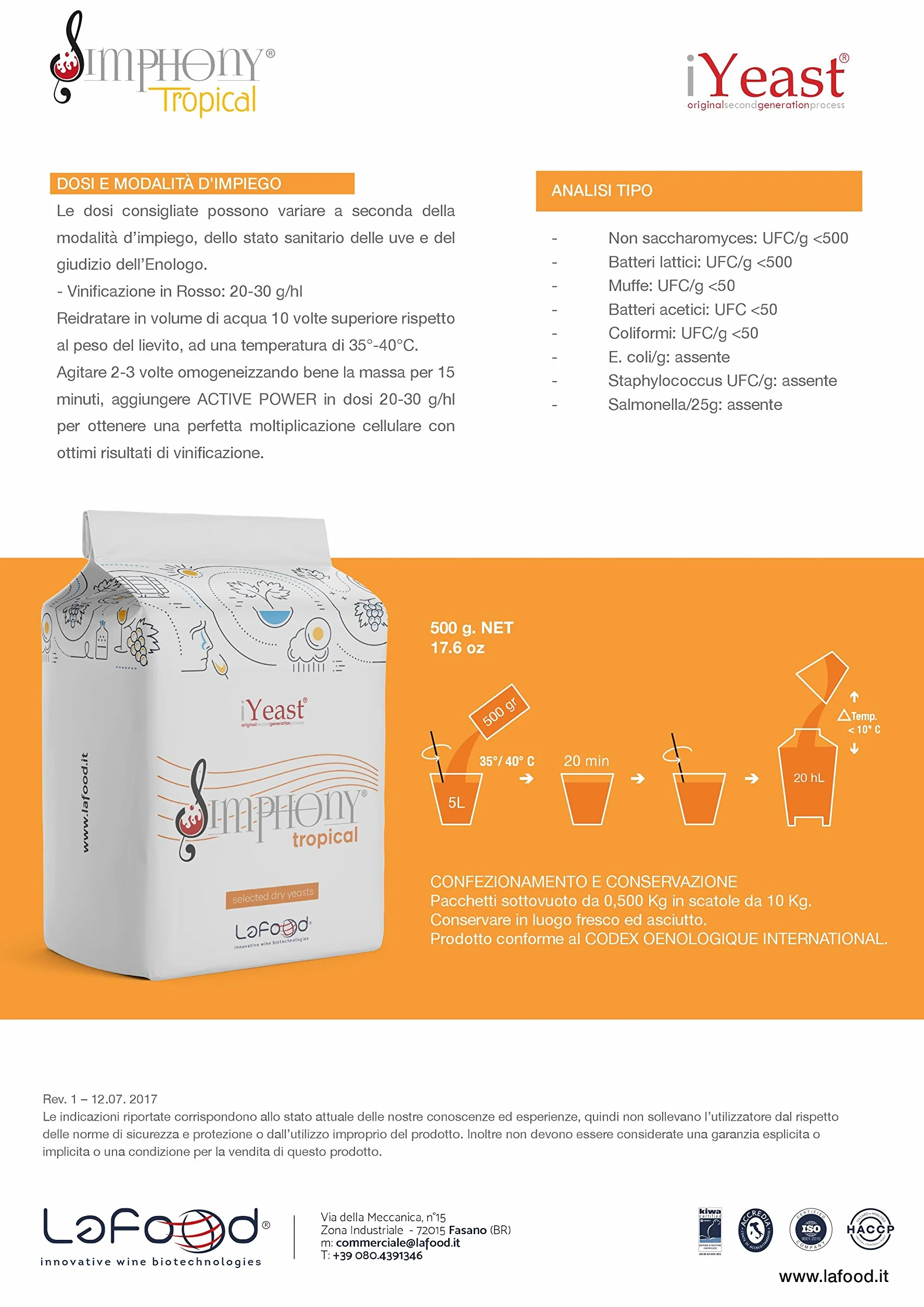 Lievito Enologico Simphony Tropical 0,500 kg Fermentación Vino