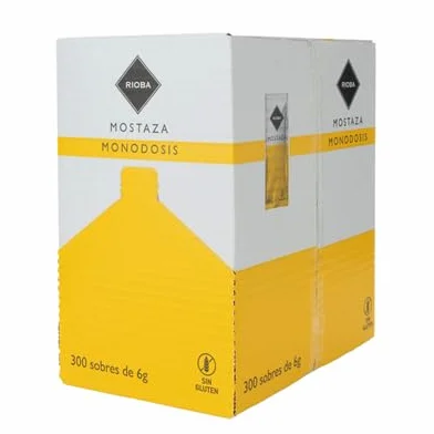 Mostaza Rioba en Diferentes Formatos: Monodosis - Caja de 300 Sobres de 6 g, Biberón de 300 g y 800 g. Sin Gluten, Sabor Auténtico, Ideal para Restaurantes y Eventos (3, Biberón 800g.)