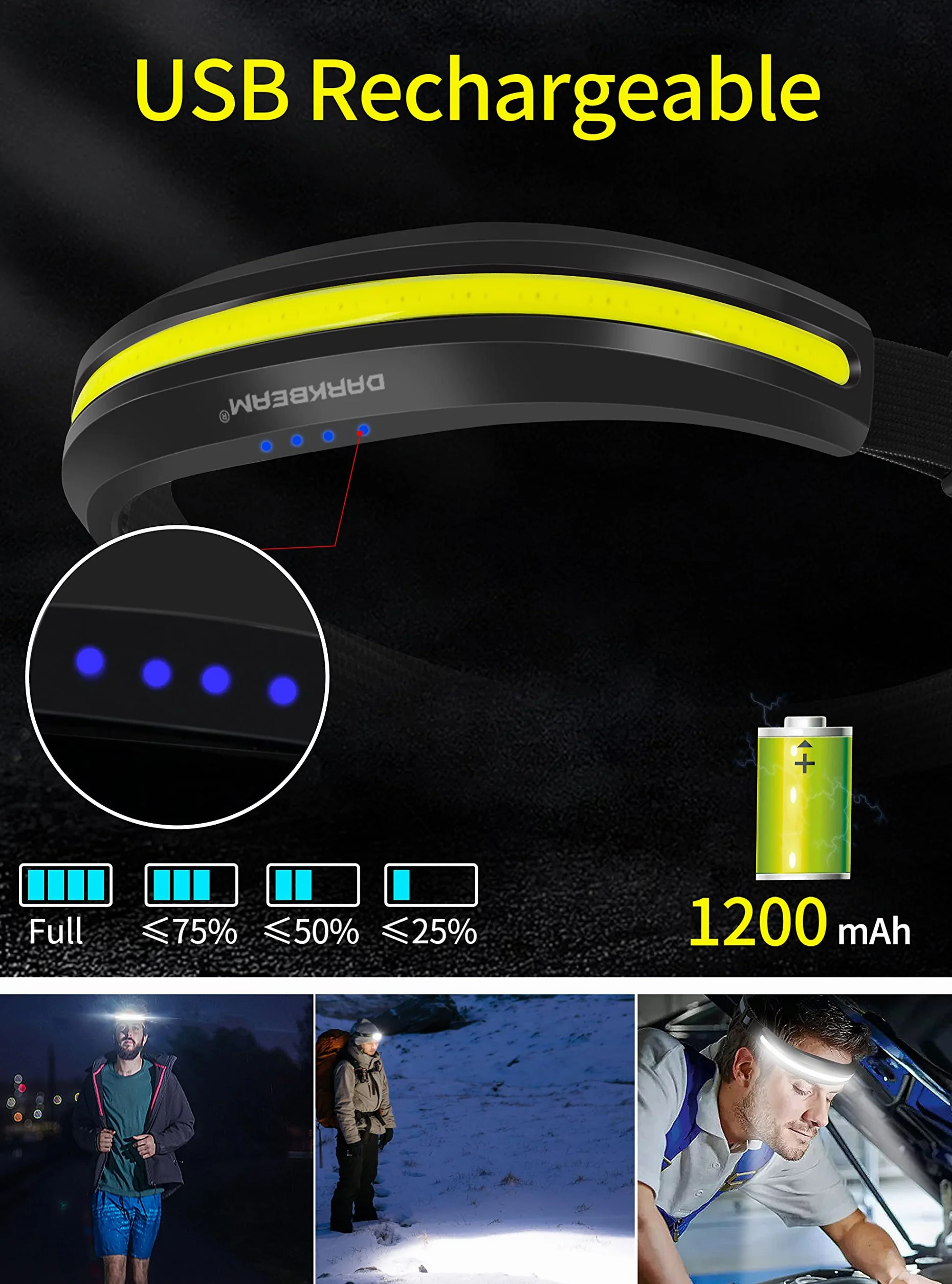 DARKBEAM Linterna Frontal LED Recargable USB COB, Luz Roja, 230°, para Casco Pesca Camping Mantenimiento