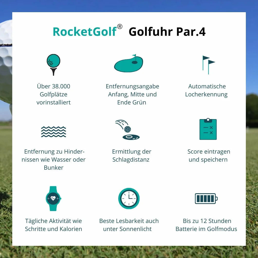 RocketGolf Golfuhr Par.4 GPS Distanciómetro 38000 campos golf distancia obstáculo podómetro