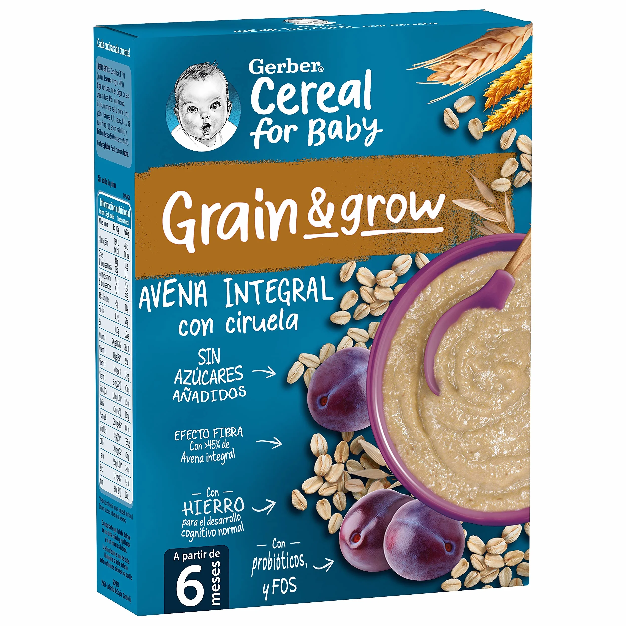 GERBER Avena Integral con Ciruela, Papilla de Cereales para Bebés, Paquetes 9x250g, a partir de 6 meses
