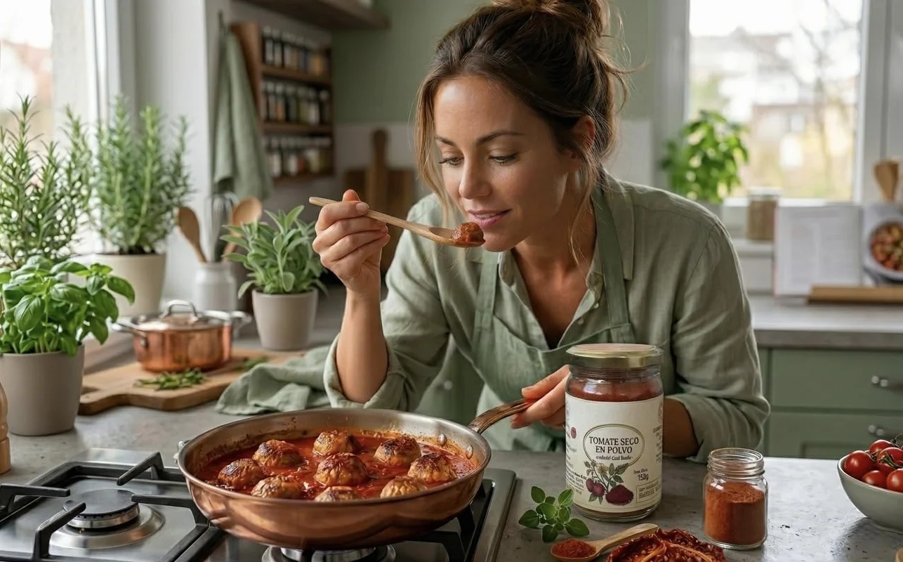 Tomate Seco en Polvo Premium (150g)-Molido Fino, Sabor Intenso y Natural- Ideal para Pasta, Sofritos y Pasta de Tomate Concentrada (1 bote 150g)