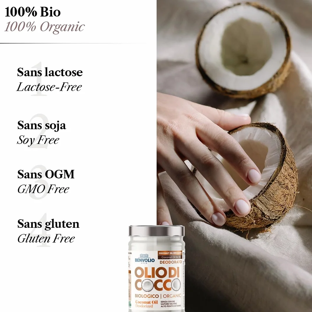 BENVOLIO - Aceite de coco orgánico desodorizado | 950 ml | Puro, versátil e inodoro | Sin lactosa | Hidratante para la piel y el cabello | Cocina y cuidado personal | Aceite de coco y kokosöl
